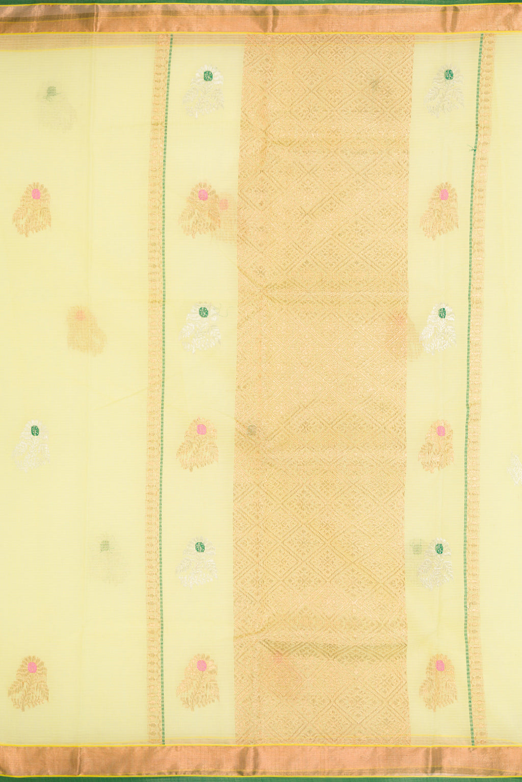 Close up image of the pallu of Yellow Dual Tone Kota Silk Saree with Zari And Thread Butta on the body and Zari Border. 