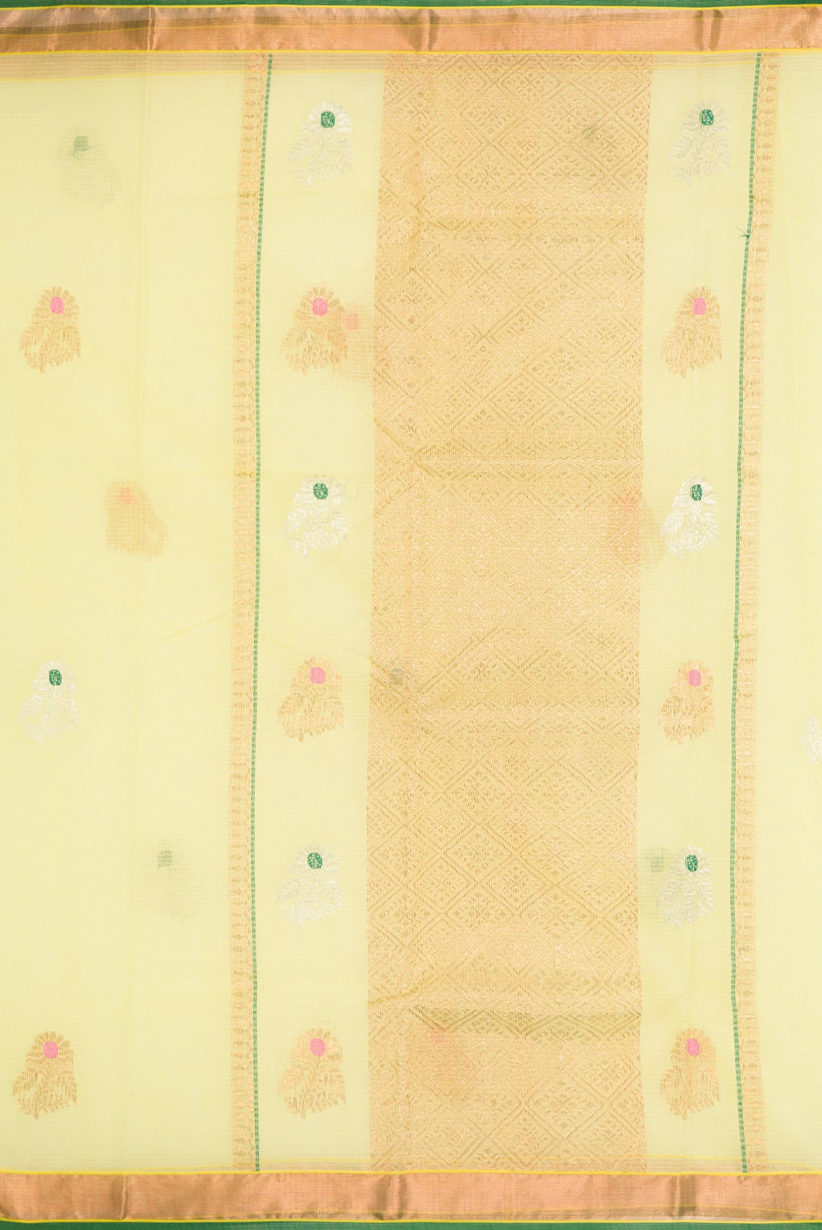 Close up image of the pallu of Yellow Dual Tone Kota Silk Saree with Zari And Thread Butta on the body and Zari Border. 