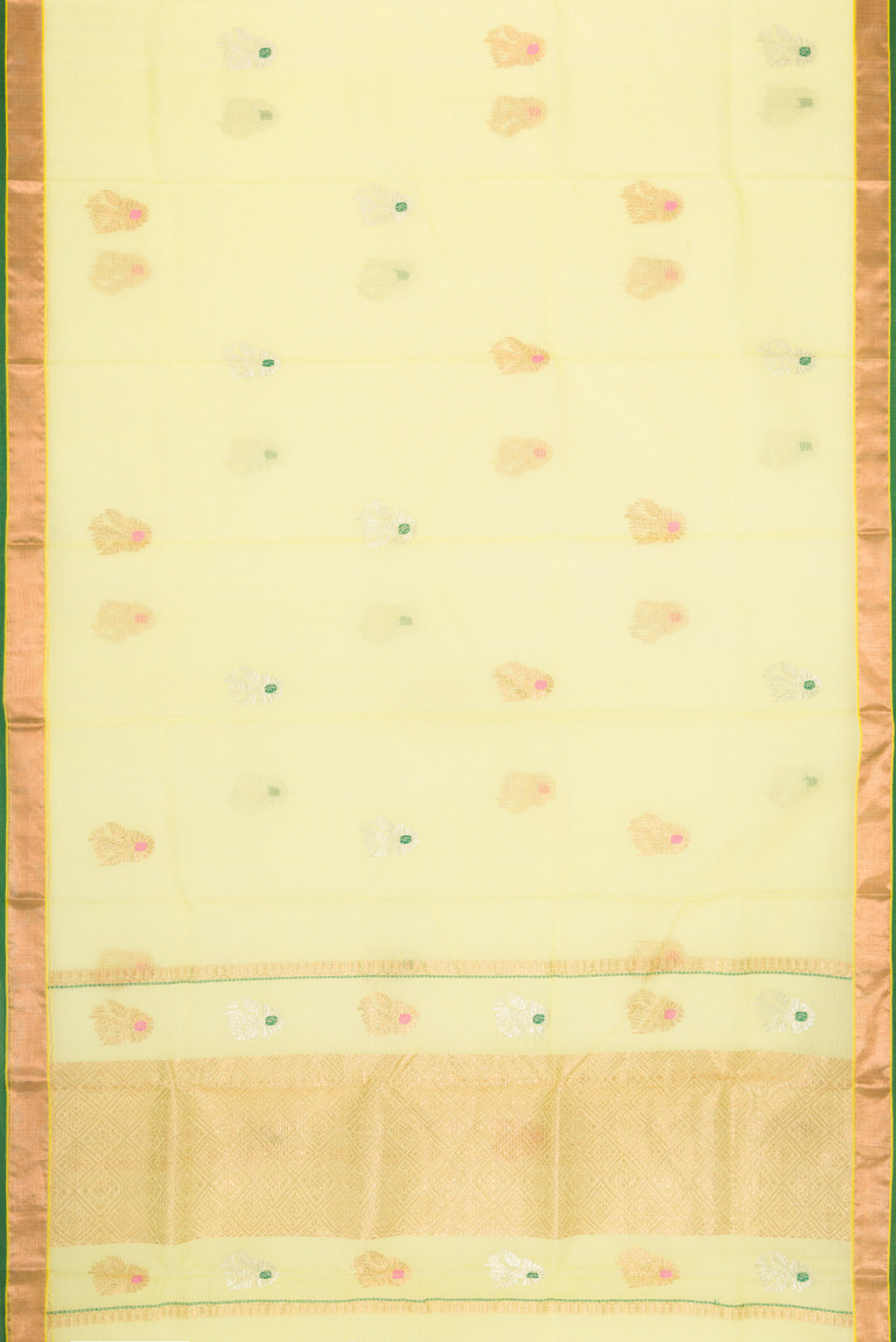 Flat view of Yellow Dual Tone Kota Silk Saree with Zari And Thread Butta on the body and Zari Border. 