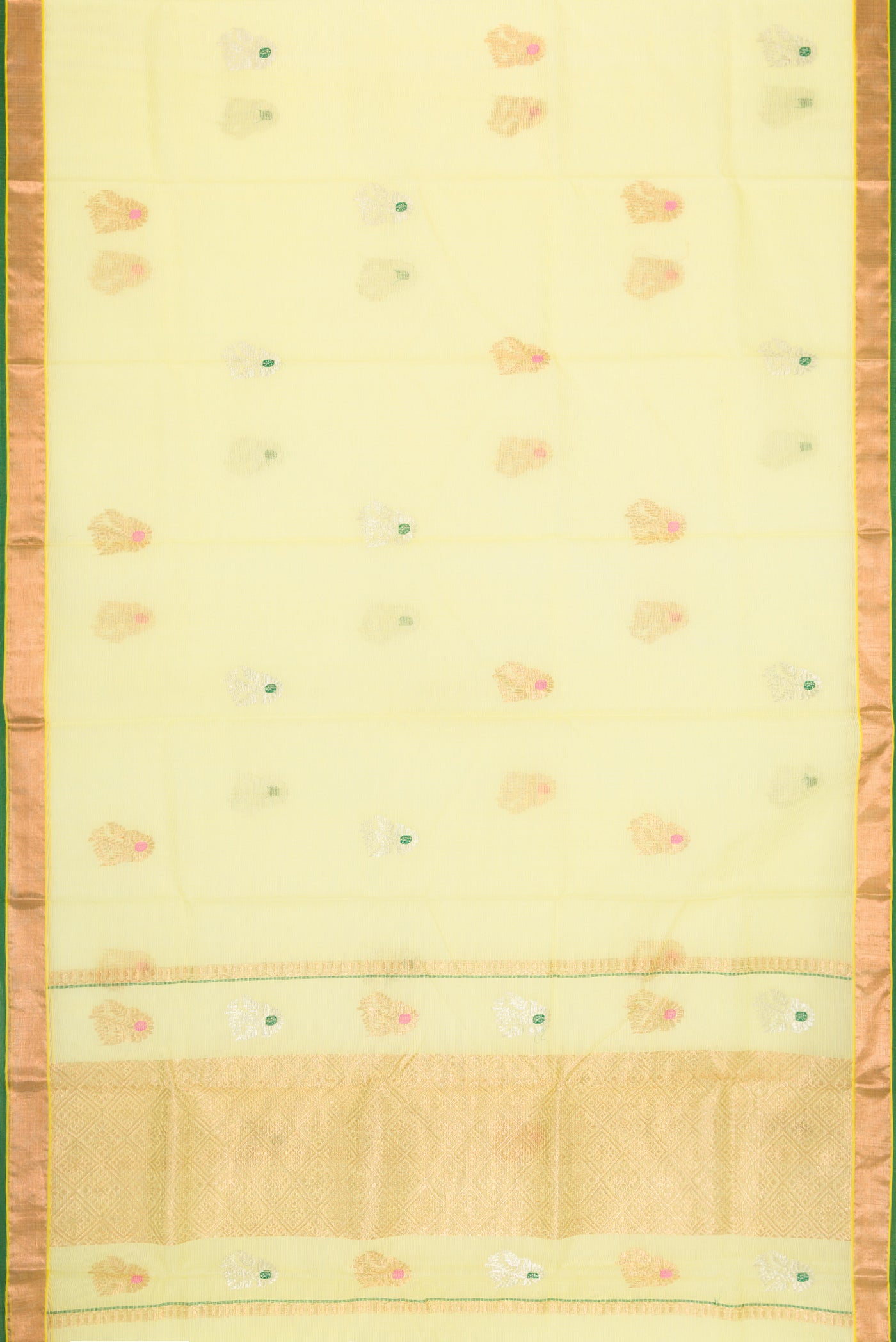 Flat view of Yellow Dual Tone Kota Silk Saree with Zari And Thread Butta on the body and Zari Border. 