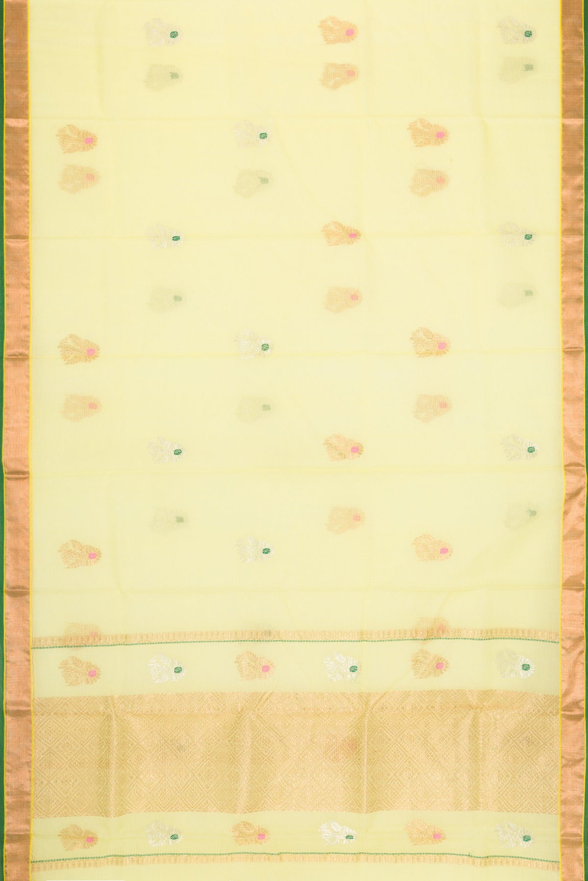 Flat view of Yellow Dual Tone Kota Silk Saree with Zari And Thread Butta on the body and Zari Border. 