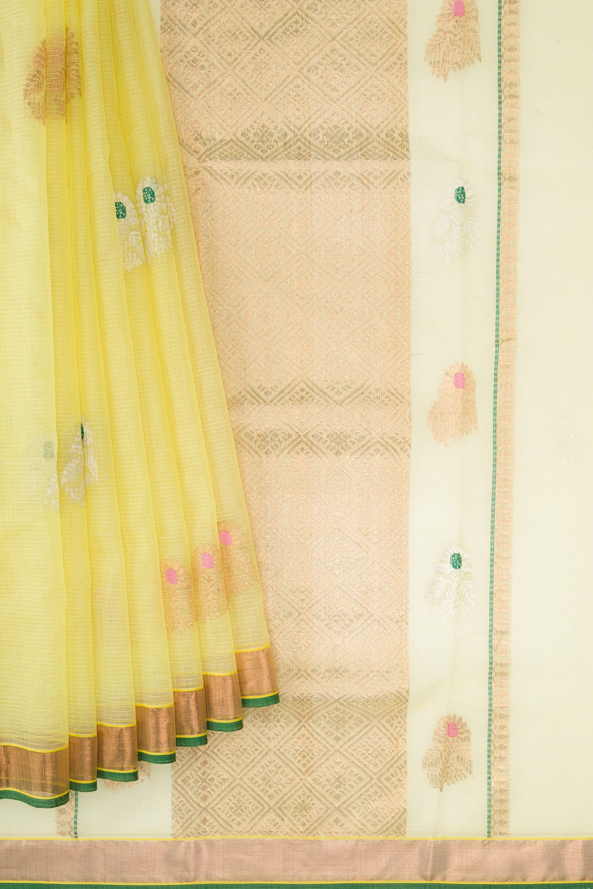 Pleats and pallu of Yellow Dual Tone Kota Silk Saree with Zari And Thread Butta on the body and Zari Border. 