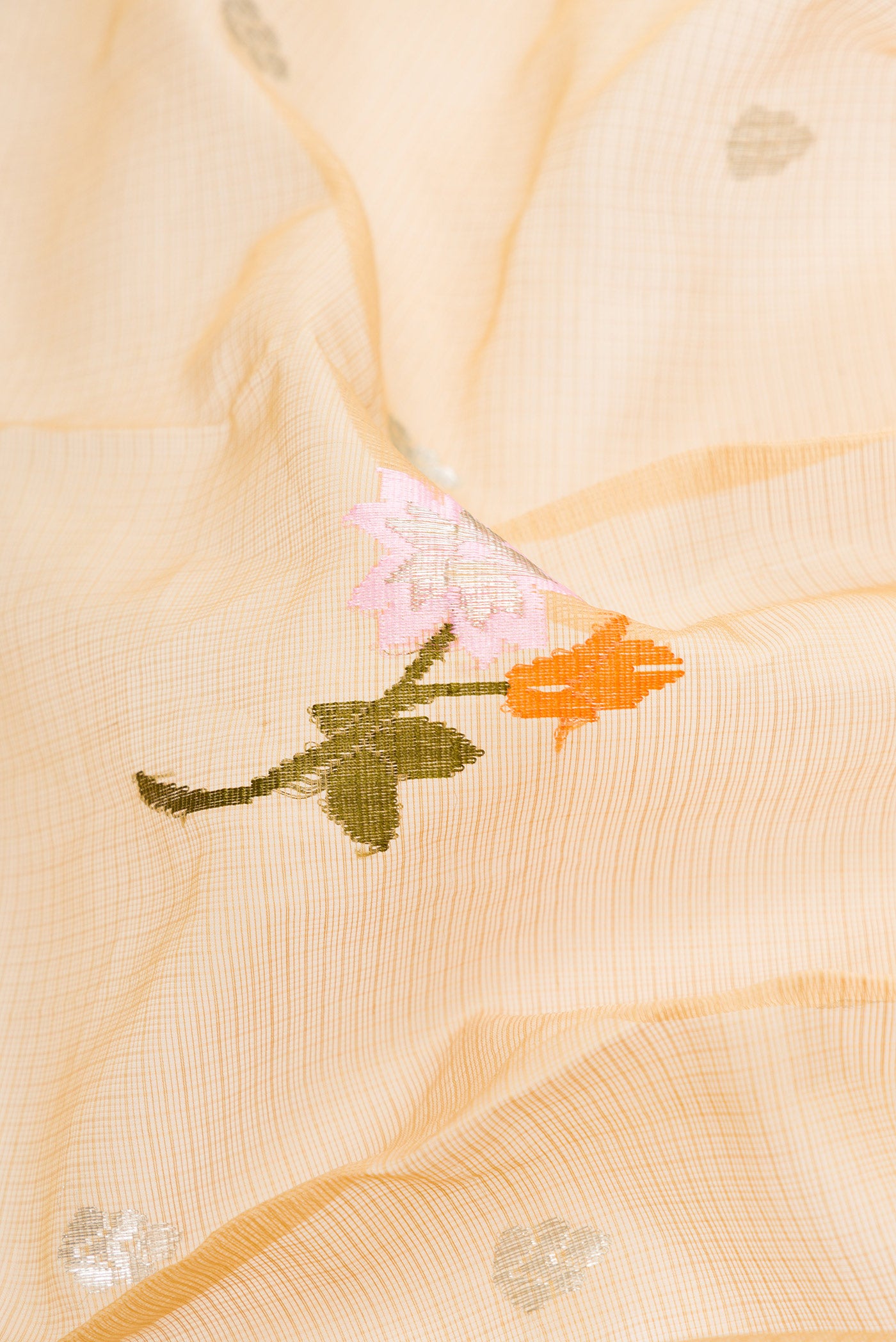 Close up of Sandal Dual Tone Kota Silk Saree with Zari And Thread Butta on the body and Zari Border.  displaying folds