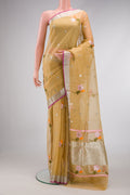 Sandal Dual Tone Kota Silk Saree with Zari And Thread Butta on the body and Zari Border.  displayed on a mannequin