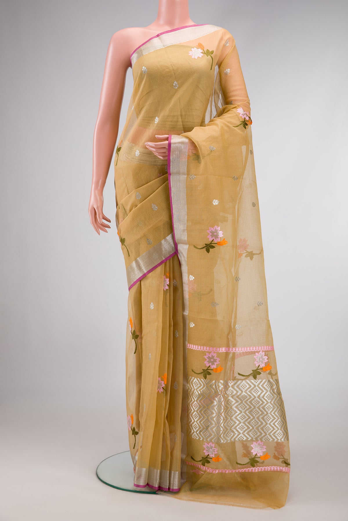 Sandal Dual Tone Kota Silk Saree with Zari And Thread Butta on the body and Zari Border.  displayed on a mannequin