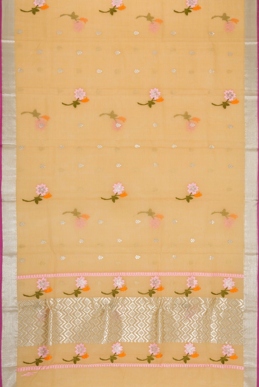 Flat view of Sandal Dual Tone Kota Silk Saree with Zari And Thread Butta on the body and Zari Border. 