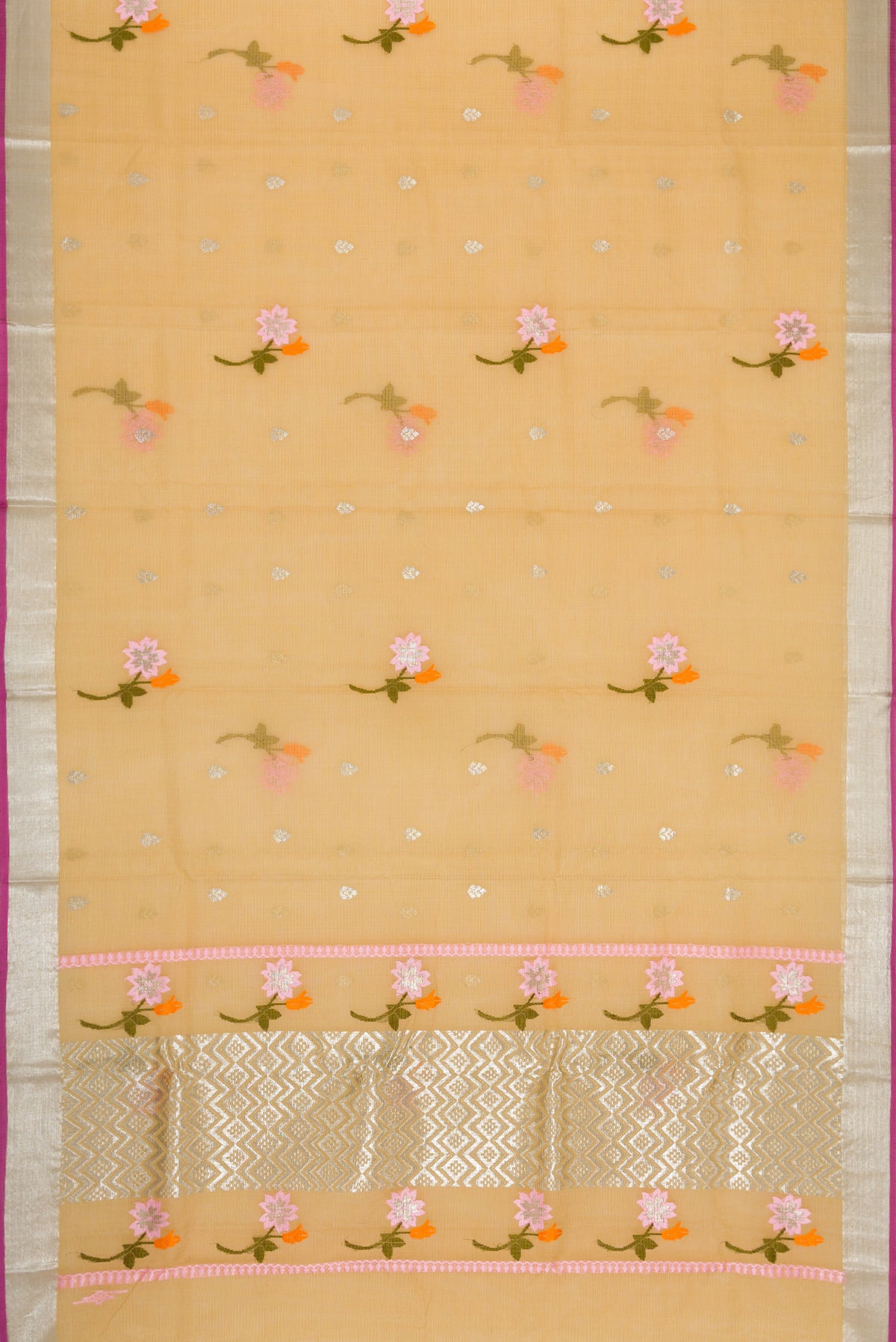 Flat view of Sandal Dual Tone Kota Silk Saree with Zari And Thread Butta on the body and Zari Border. 