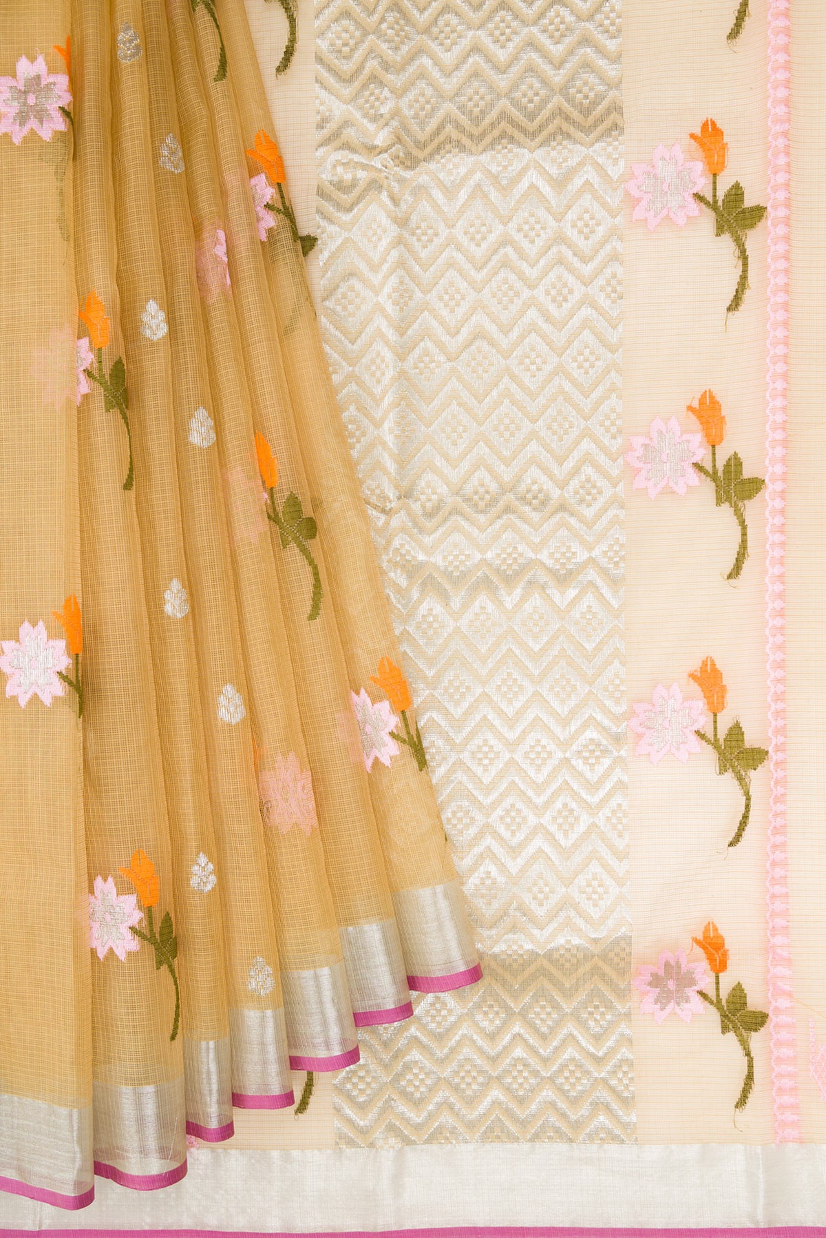 Pleats and pallu of Sandal Dual Tone Kota Silk Saree with Zari And Thread Butta on the body and Zari Border. 