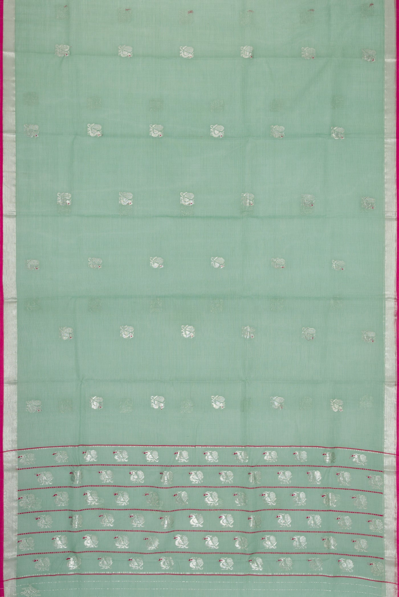 Flat view of Sea Green Dual Tone Kota Silk Saree with Zari Butta on the body and Zari Border. 