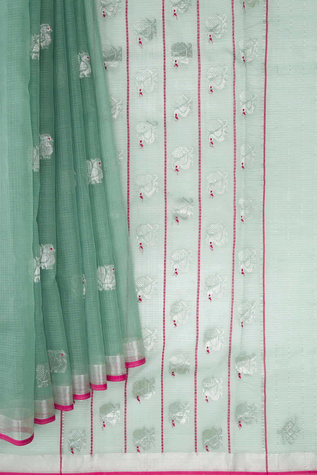 Pleats and pallu of Sea Green Dual Tone Kota Silk Saree with Zari Butta on the body and Zari Border. 