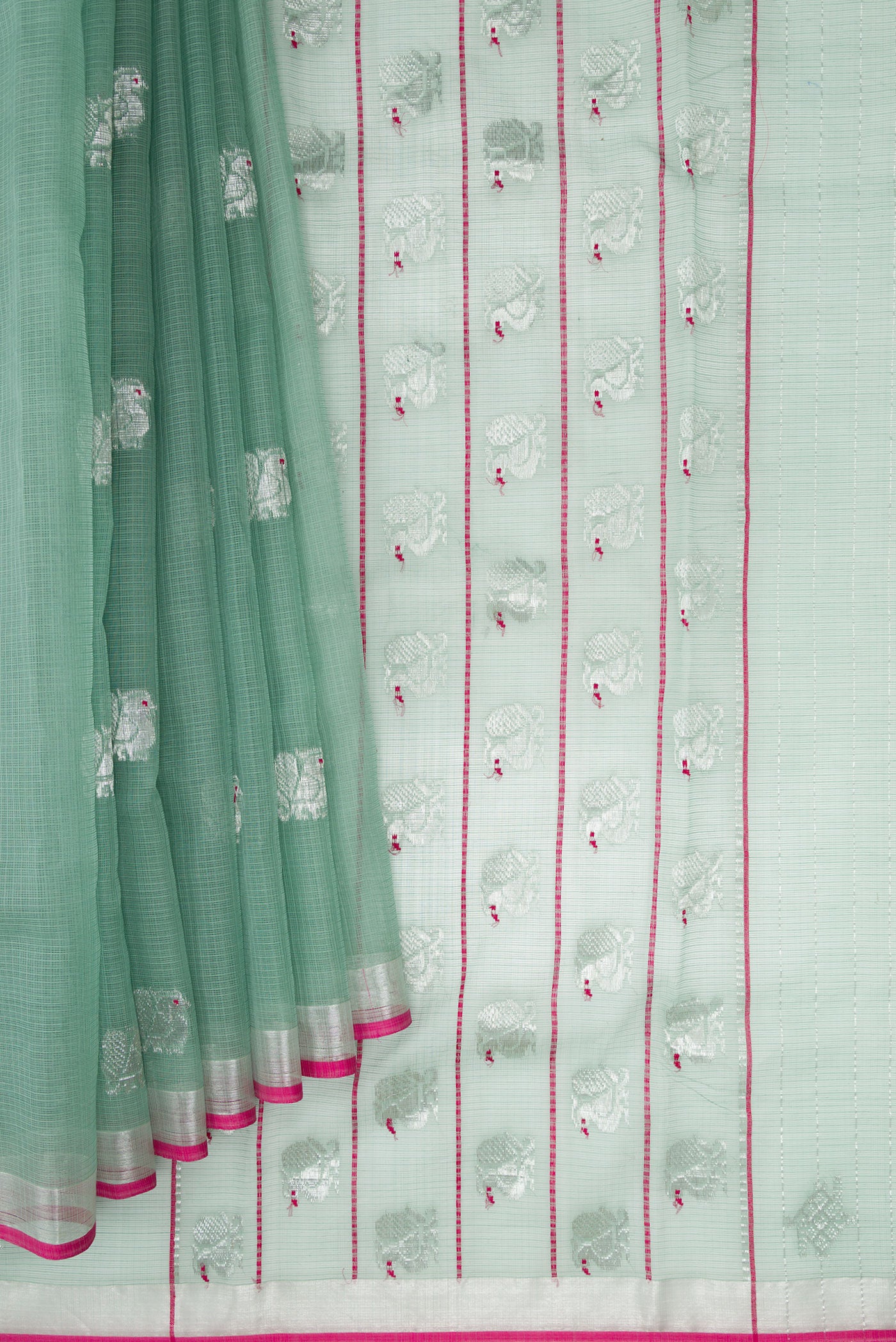 Pleats and pallu of Sea Green Dual Tone Kota Silk Saree with Zari Butta on the body and Zari Border. 