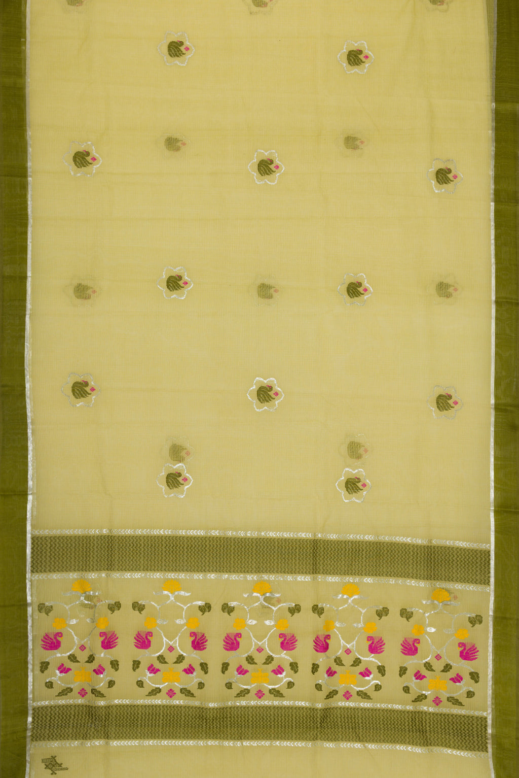 Flat view of Pista Green Dual Tone Kota Silk Saree with Zari And Thread Butta on the body and Zari Border. 
