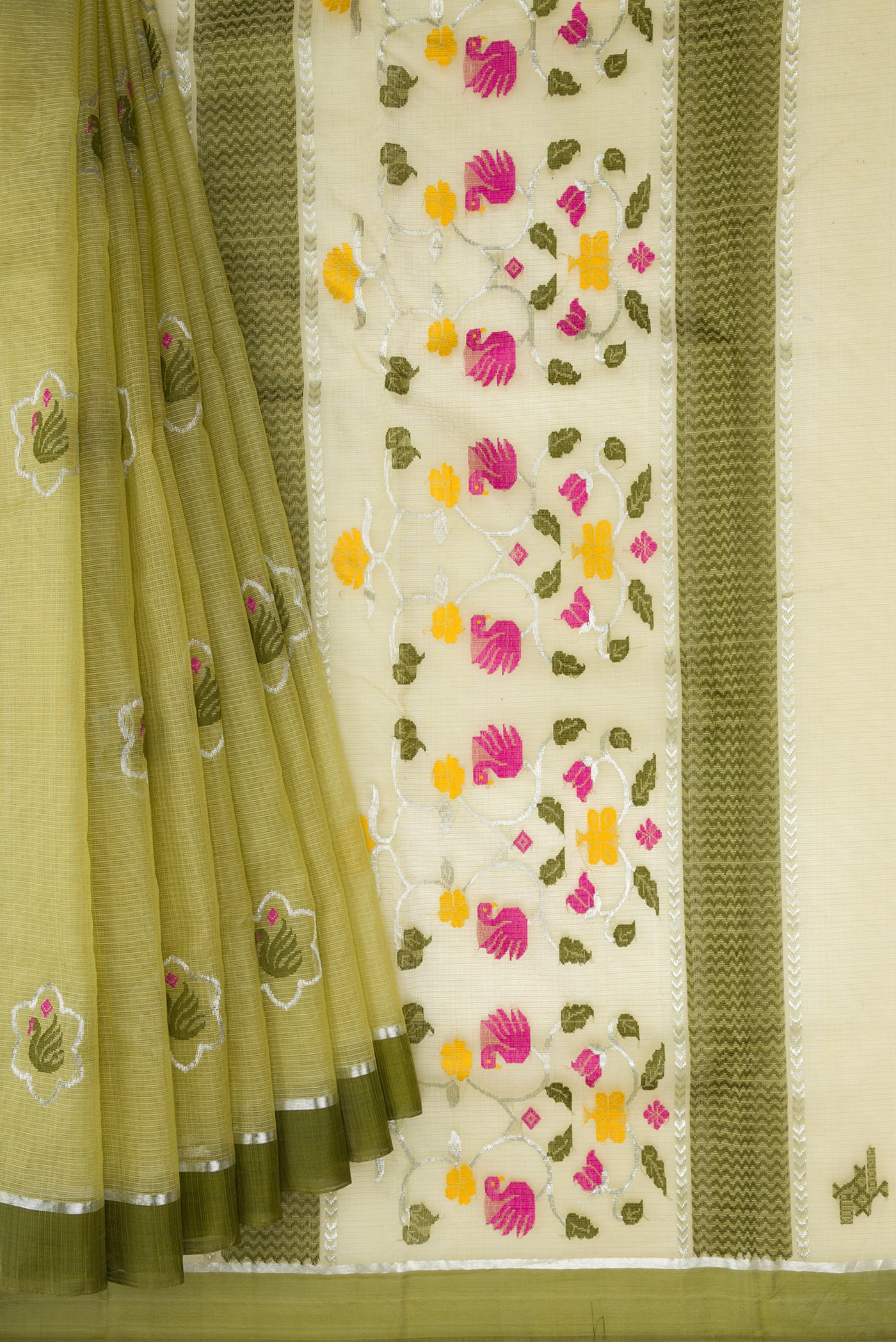 Pleats and pallu of Pista Green Dual Tone Kota Silk Saree with Zari And Thread Butta on the body and Zari Border. 