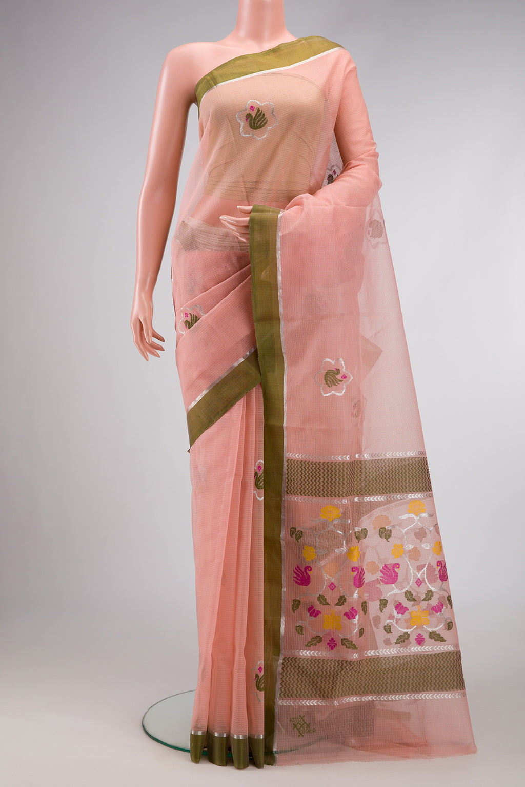 Pink Dual Tone Kota Silk Saree with Zari And Thread Butta on the body and Zari Border.  displayed on a mannequin