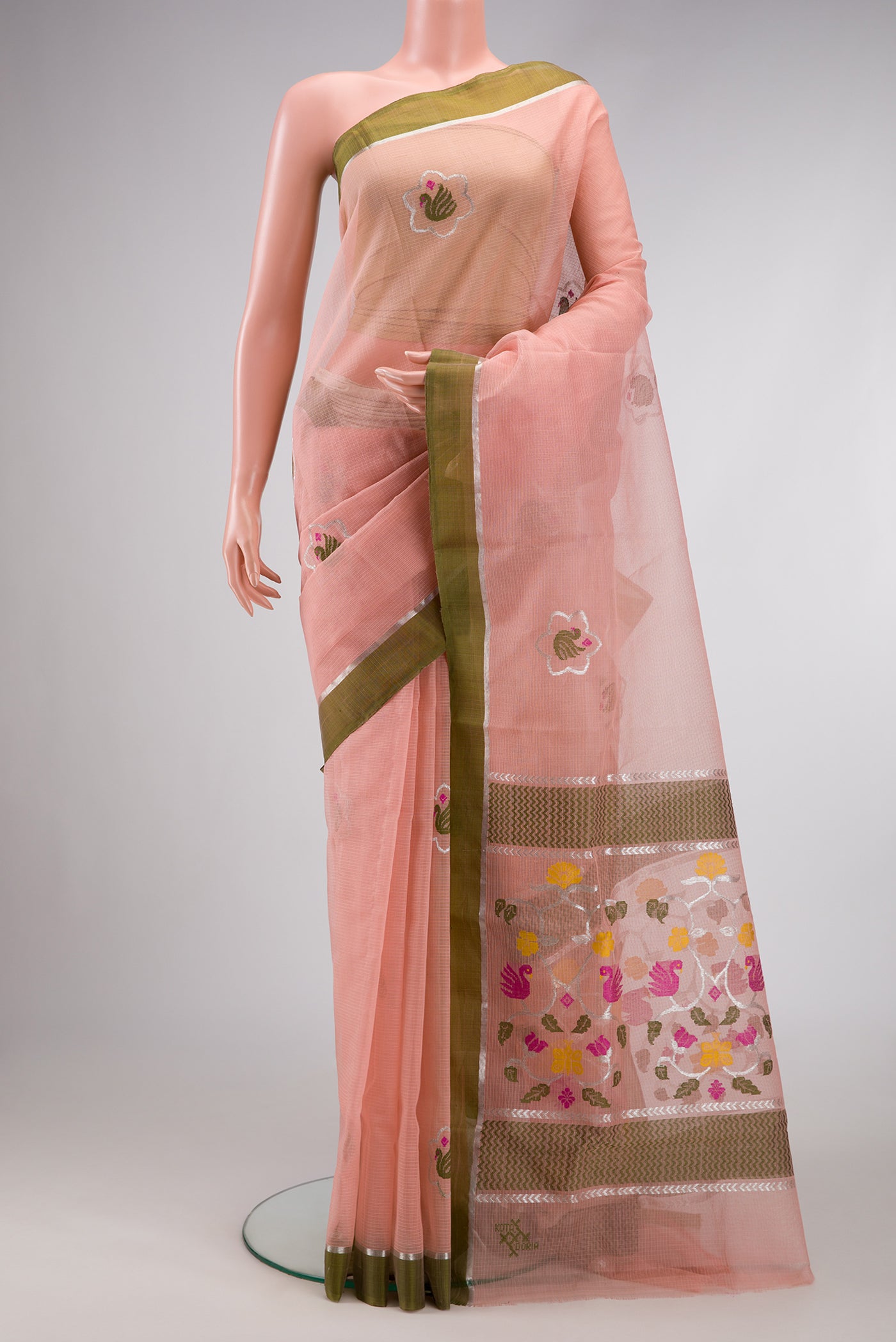 Pink Dual Tone Kota Silk Saree with Zari And Thread Butta on the body and Zari Border.  displayed on a mannequin