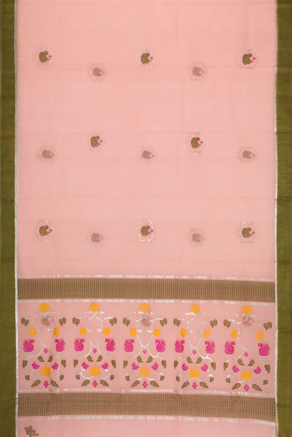 Flat view of Pink Dual Tone Kota Silk Saree with Zari And Thread Butta on the body and Zari Border. 