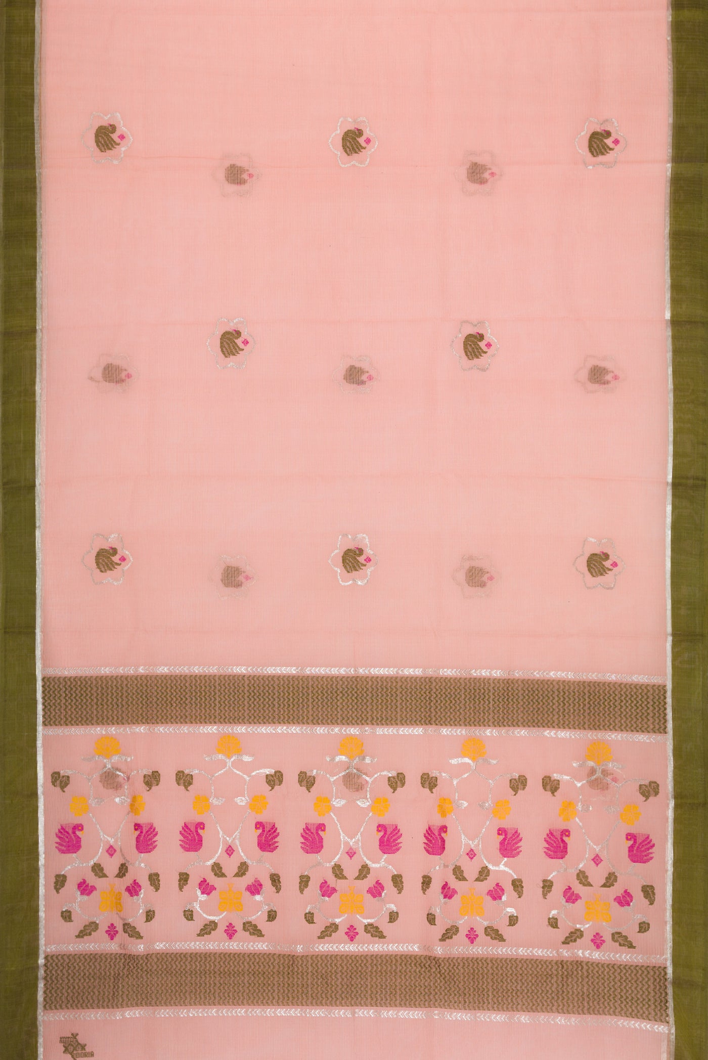 Flat view of Pink Dual Tone Kota Silk Saree with Zari And Thread Butta on the body and Zari Border. 