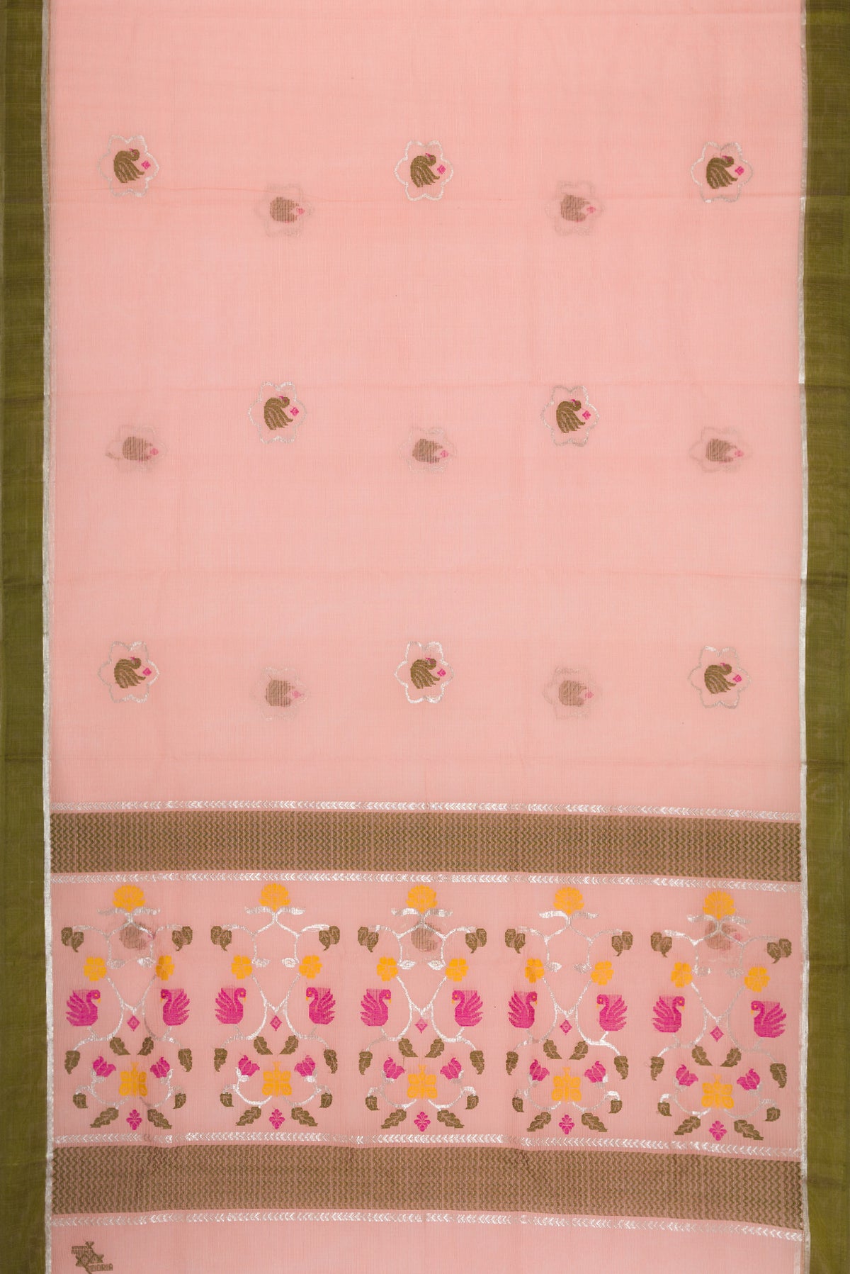 Flat view of Pink Dual Tone Kota Silk Saree with Zari And Thread Butta on the body and Zari Border. 