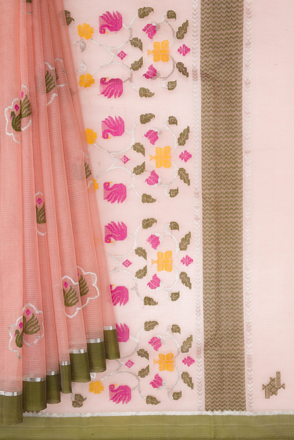 Pleats and pallu of Pink Dual Tone Kota Silk Saree with Zari And Thread Butta on the body and Zari Border. 