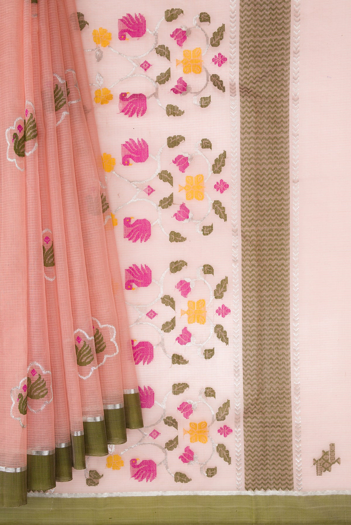 Pleats and pallu of Pink Dual Tone Kota Silk Saree with Zari And Thread Butta on the body and Zari Border. 