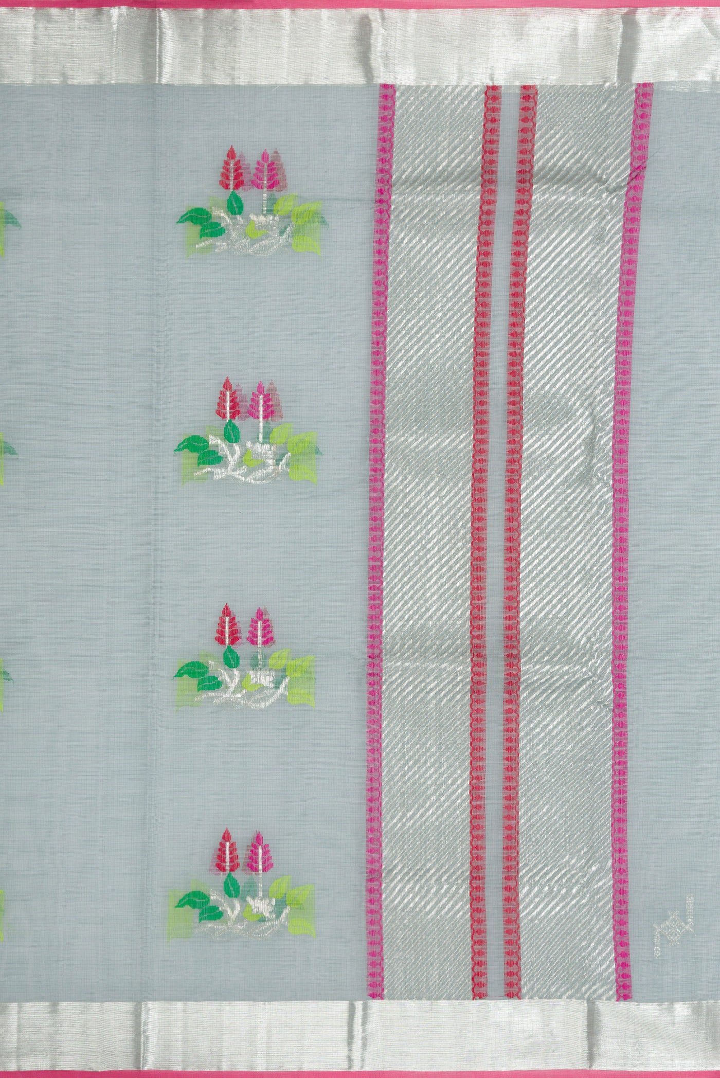 Close up image of the pallu of Grey Dual Tone Kota Silk Saree with Zari And Thread Butta on the body and Zari Border. 
