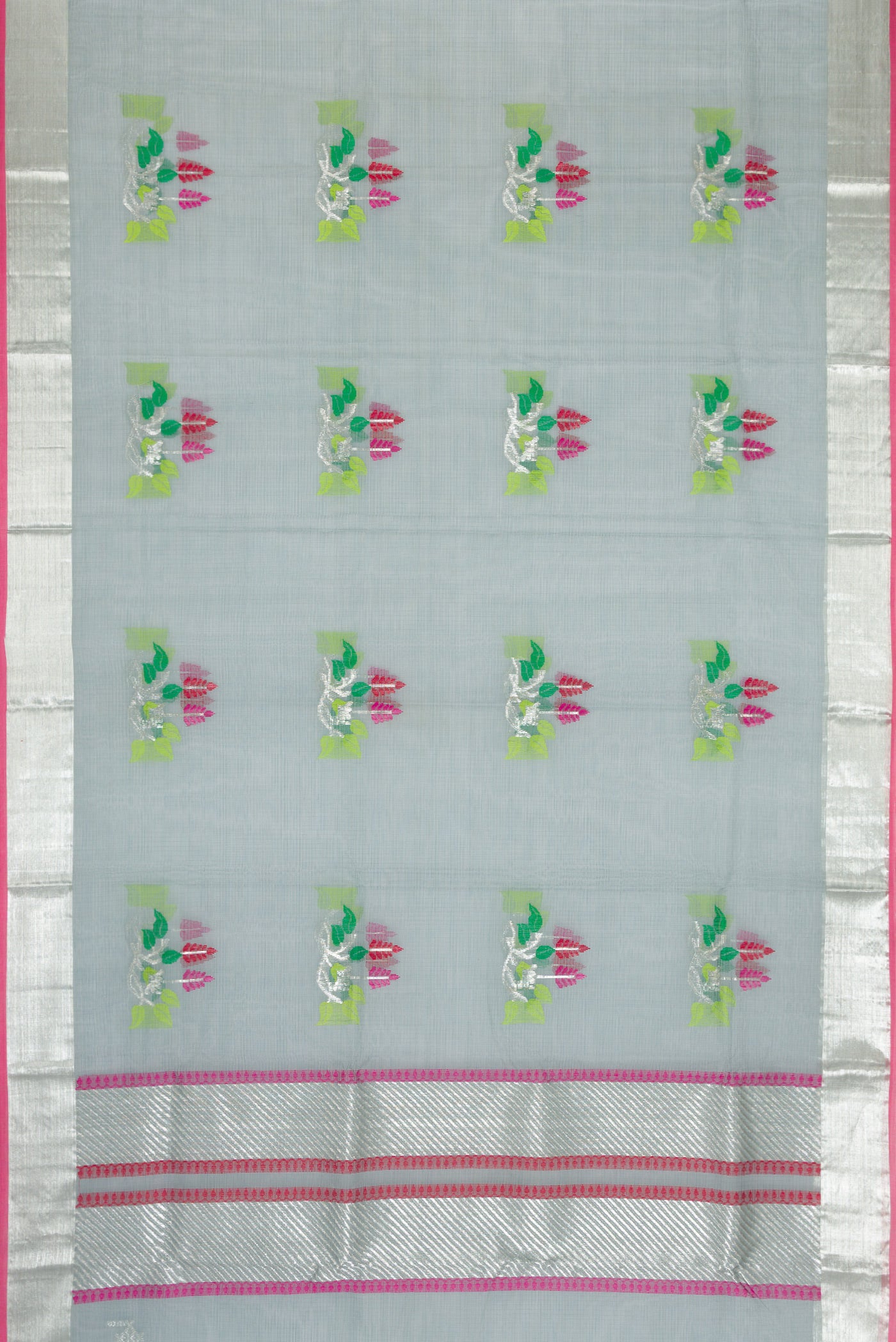Flat view of Grey Dual Tone Kota Silk Saree with Zari And Thread Butta on the body and Zari Border. 
