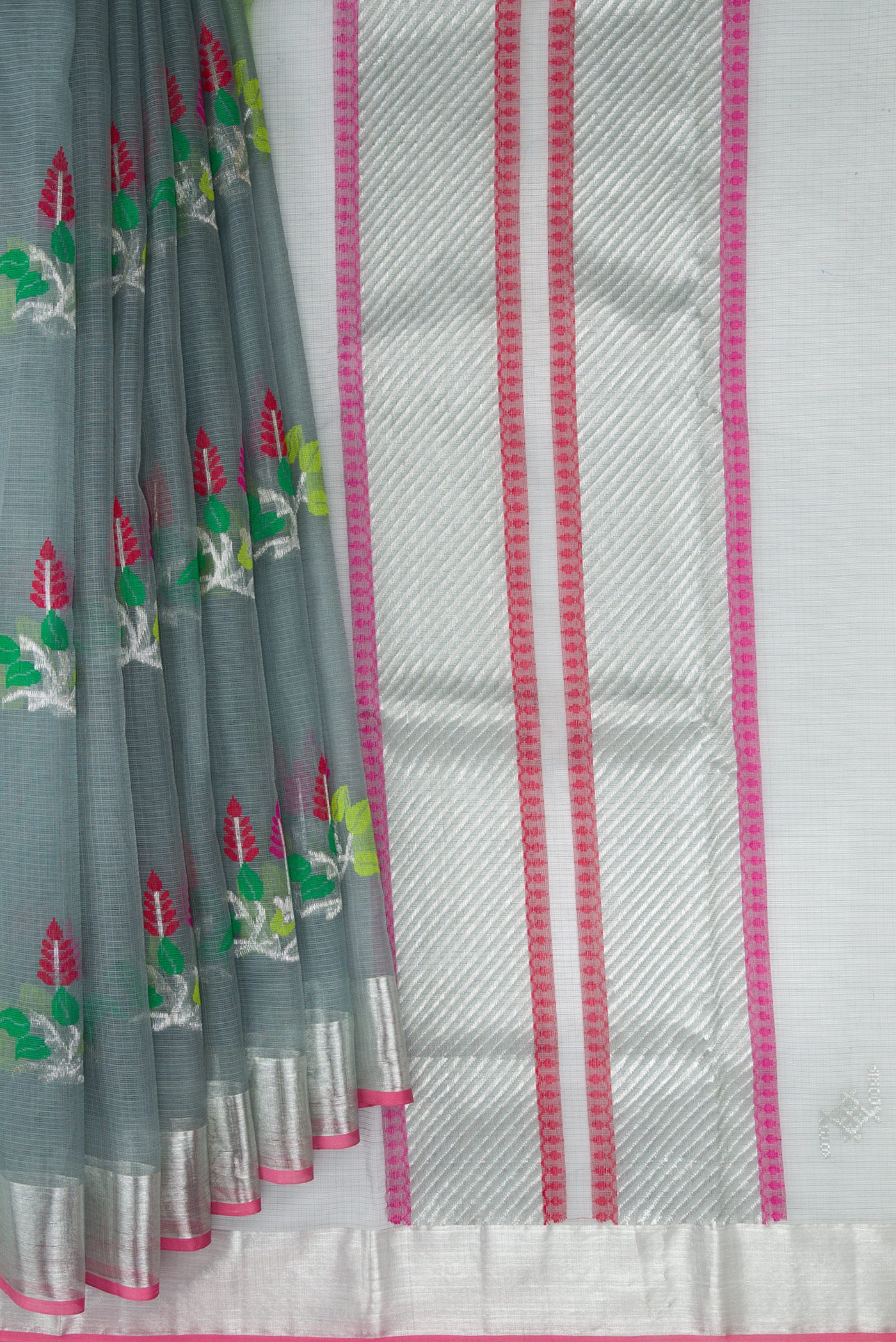 Pleats and pallu of Grey Dual Tone Kota Silk Saree with Zari And Thread Butta on the body and Zari Border. 