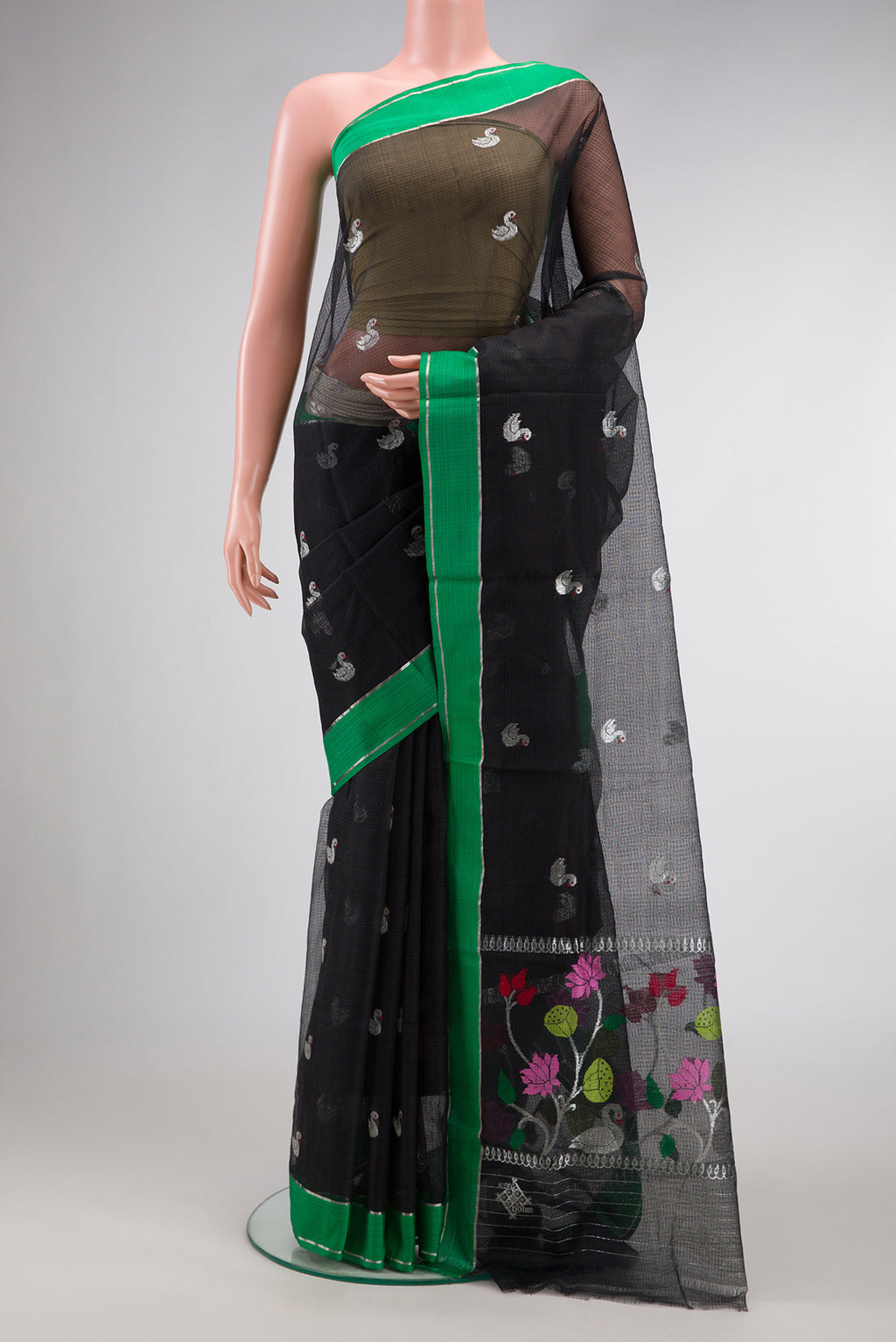 Black Dual Tone Kota Silk Saree with Zari Butta on the body and Zari And Thread Border.  displayed on a mannequin