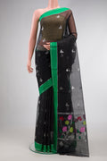 Black Dual Tone Kota Silk Saree with Zari Butta on the body and Zari And Thread Border.  displayed on a mannequin