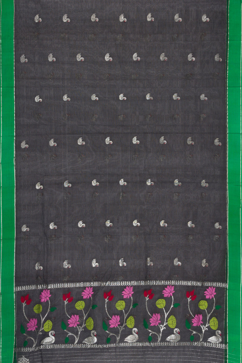 Flat view of Black Dual Tone Kota Silk Saree with Zari Butta on the body and Zari And Thread Border. 