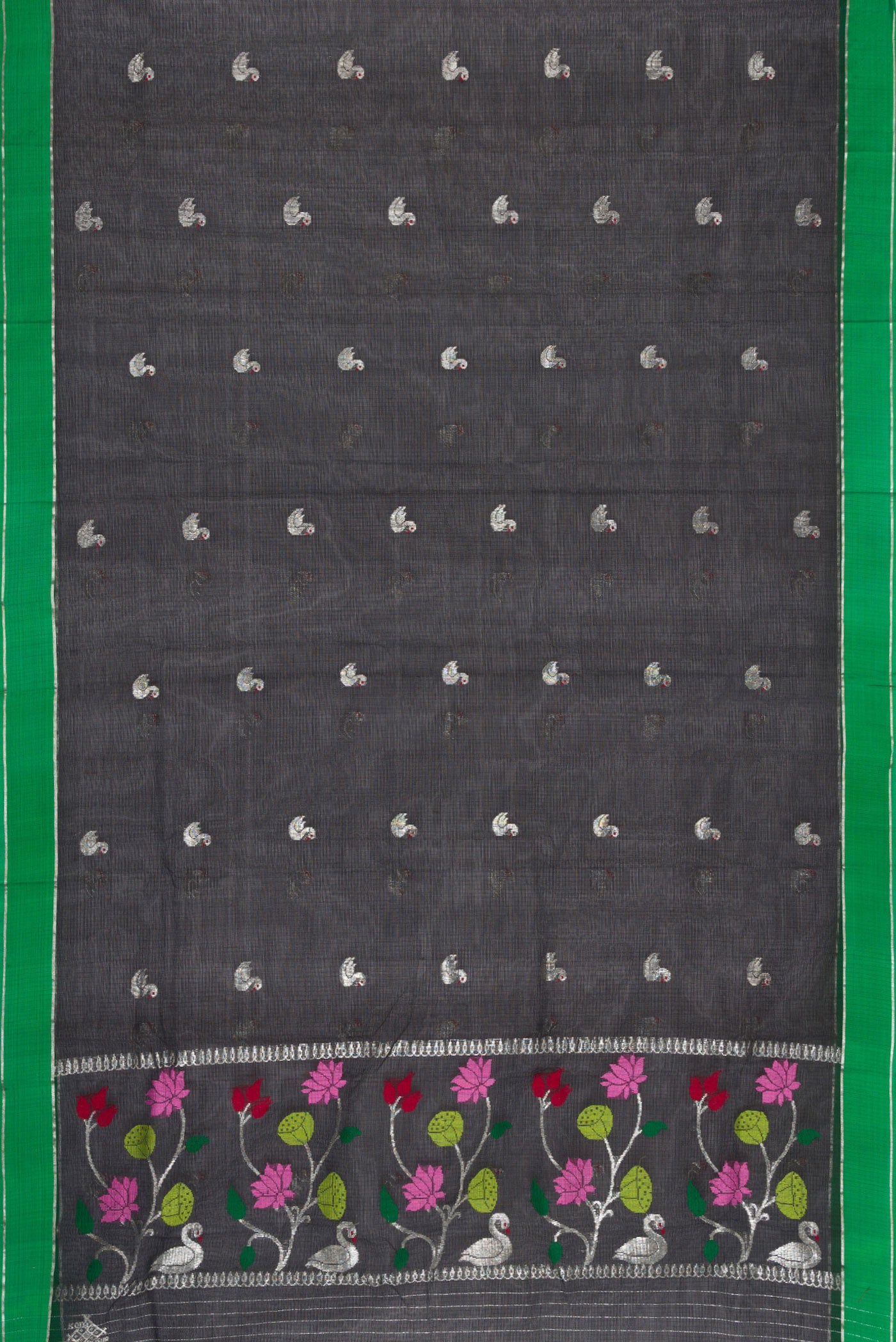 Flat view of Black Dual Tone Kota Silk Saree with Zari Butta on the body and Zari And Thread Border. 