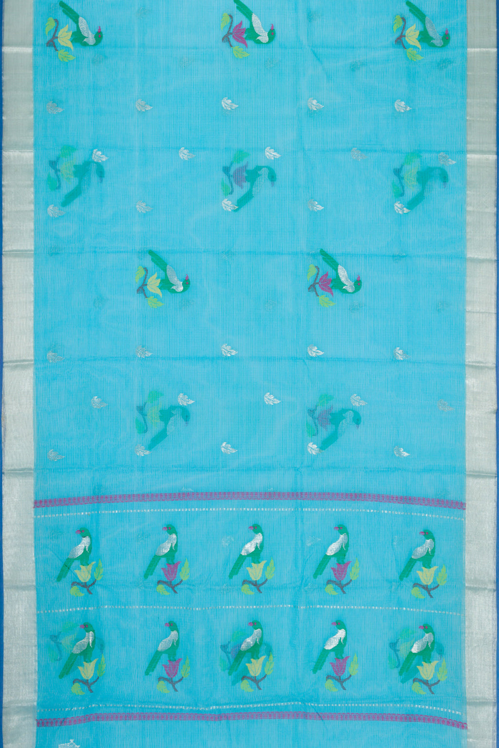Flat view of Sky Blue Dual Tone Kota Silk Saree with Zari And Thread Butta on the body and Zari Border. 