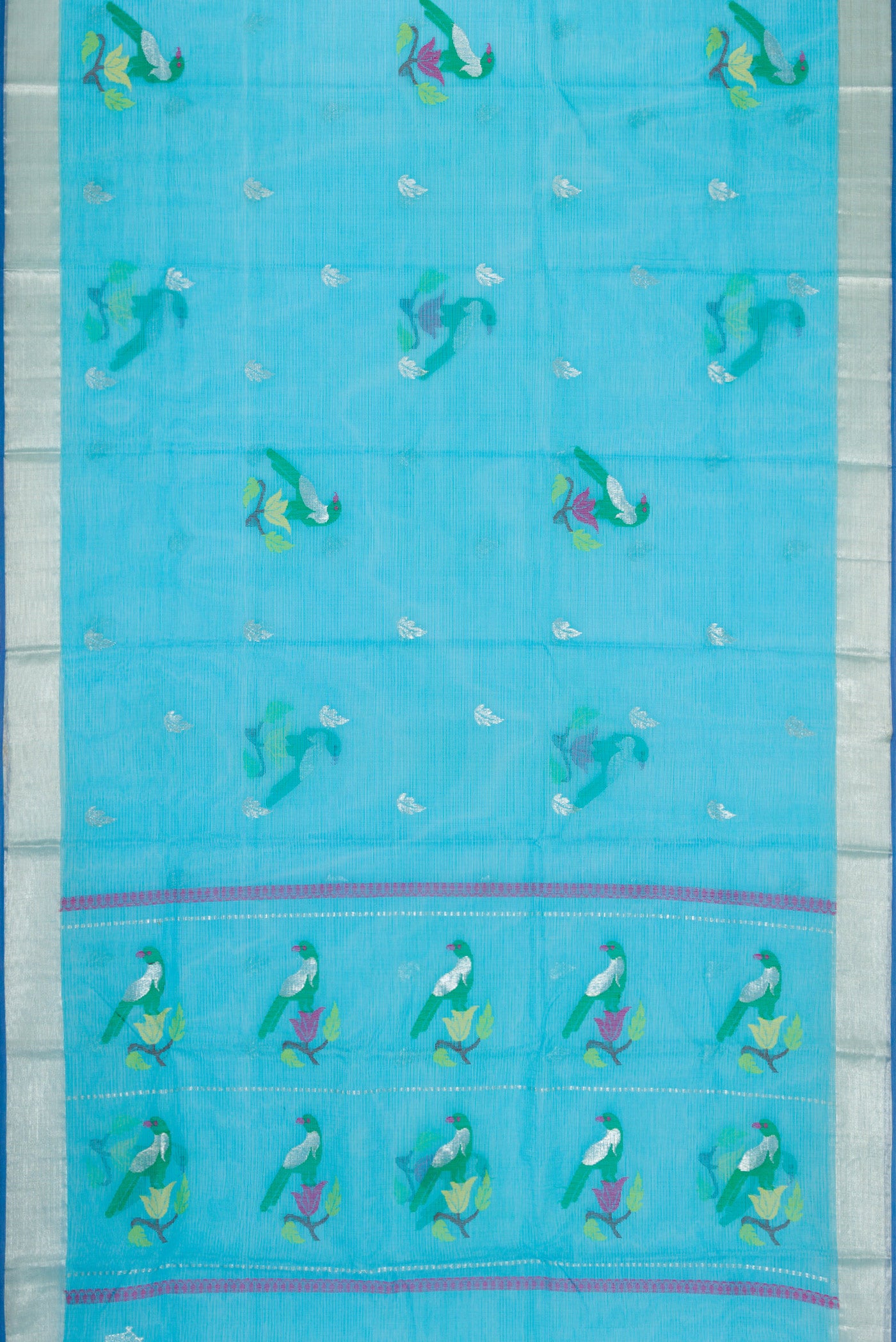 Flat view of Sky Blue Dual Tone Kota Silk Saree with Zari And Thread Butta on the body and Zari Border. 