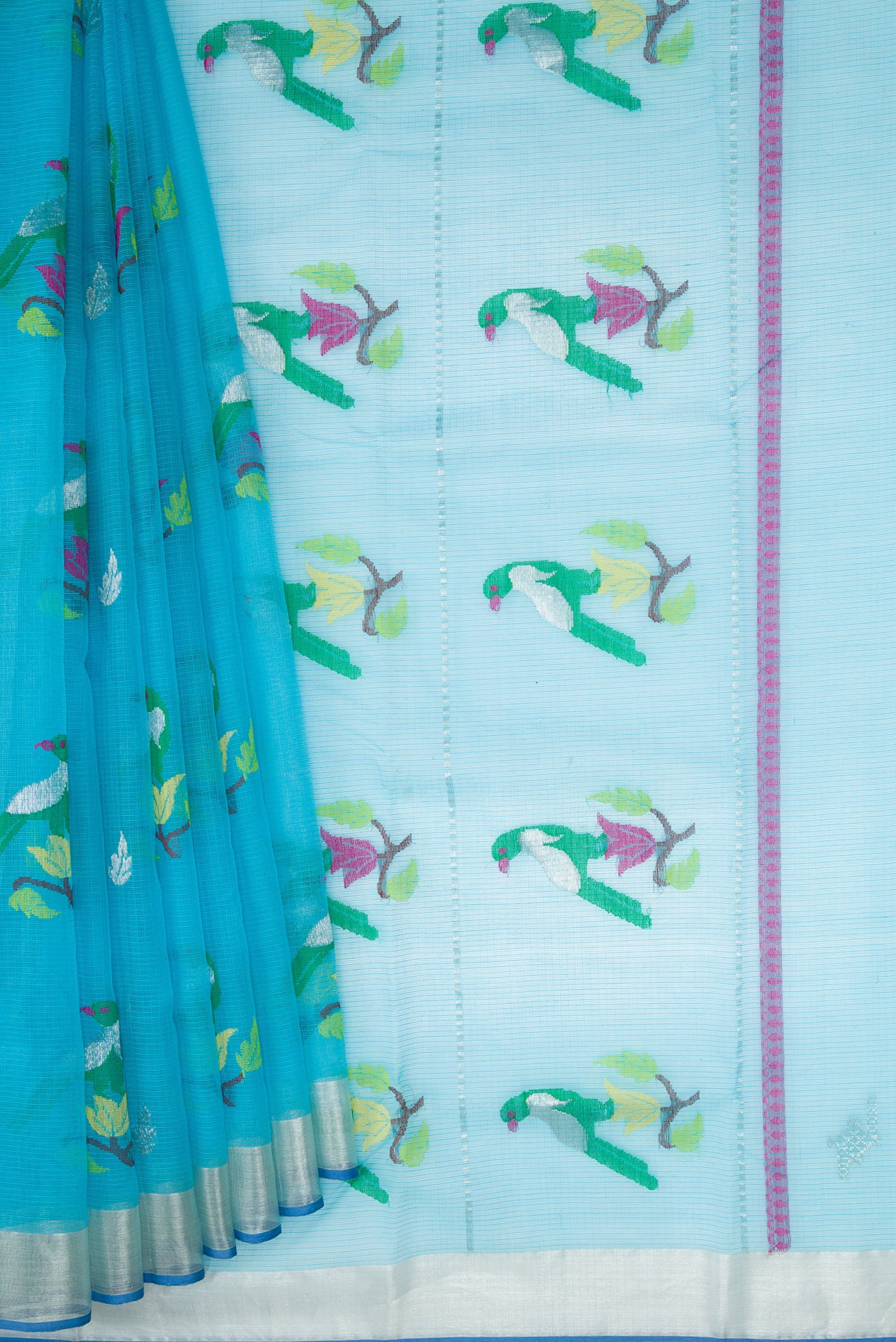 Pleats and pallu of Sky Blue Dual Tone Kota Silk Saree with Zari And Thread Butta on the body and Zari Border. 