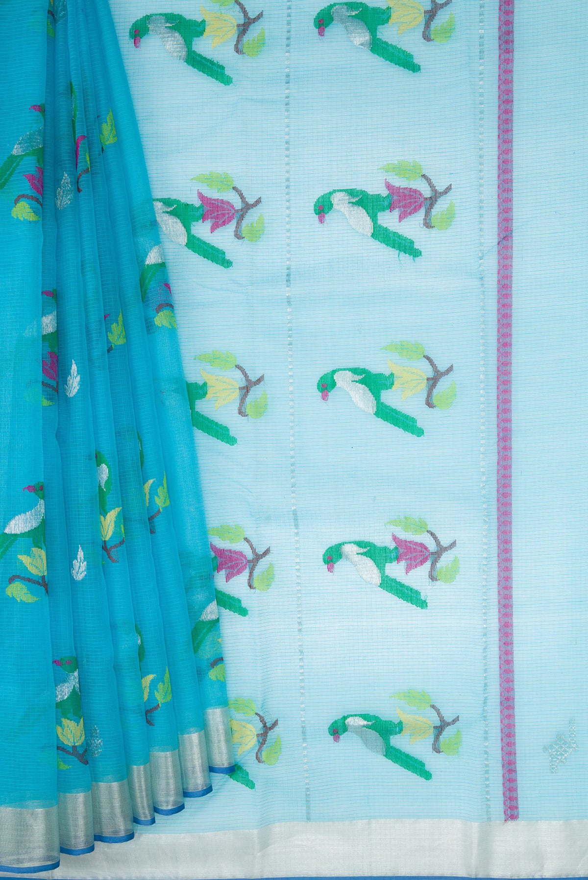 Pleats and pallu of Sky Blue Dual Tone Kota Silk Saree with Zari And Thread Butta on the body and Zari Border. 