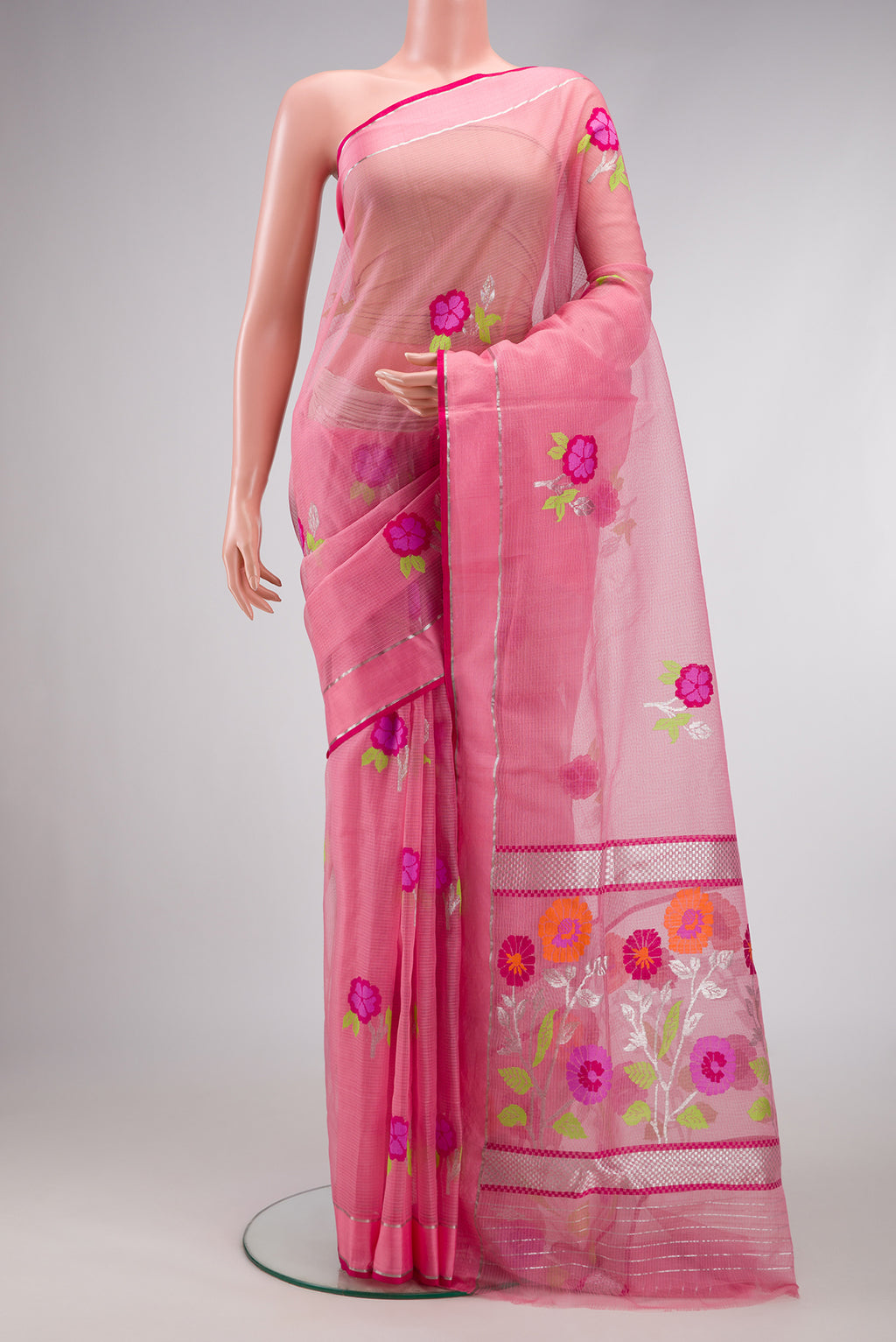 Pink Dual Tone Kota Silk Saree with Zari And Thread Butta on the body and Zari Border.  displayed on a mannequin