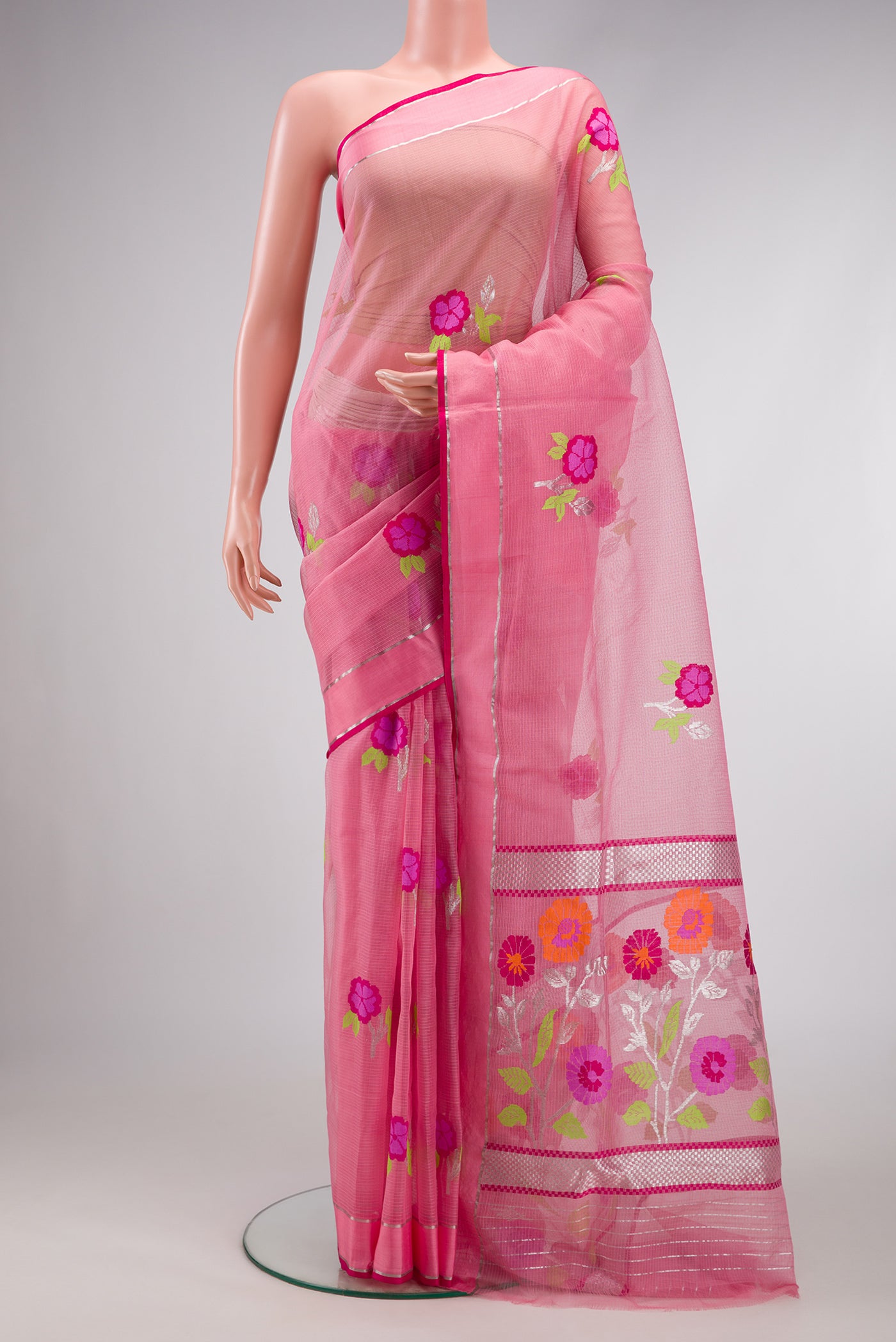 Pink Dual Tone Kota Silk Saree with Zari And Thread Butta on the body and Zari Border.  displayed on a mannequin