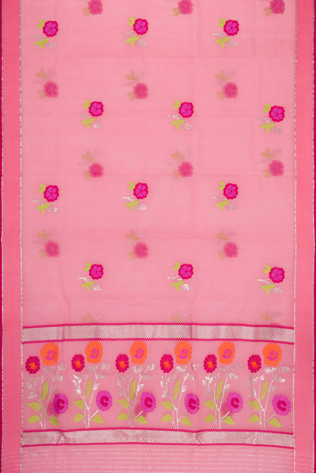 Flat view of Pink Dual Tone Kota Silk Saree with Zari And Thread Butta on the body and Zari Border. 