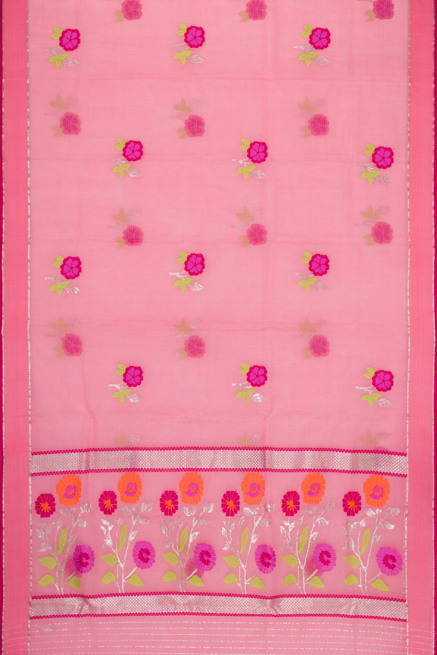 Flat view of Pink Dual Tone Kota Silk Saree with Zari And Thread Butta on the body and Zari Border. 