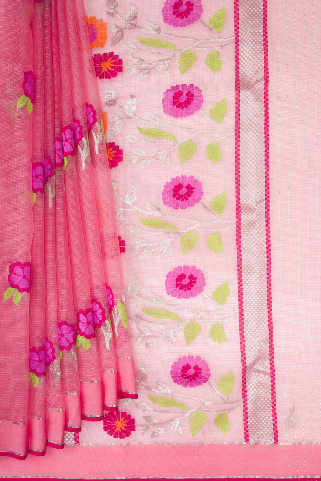Pleats and pallu of Pink Dual Tone Kota Silk Saree with Zari And Thread Butta on the body and Zari Border. 