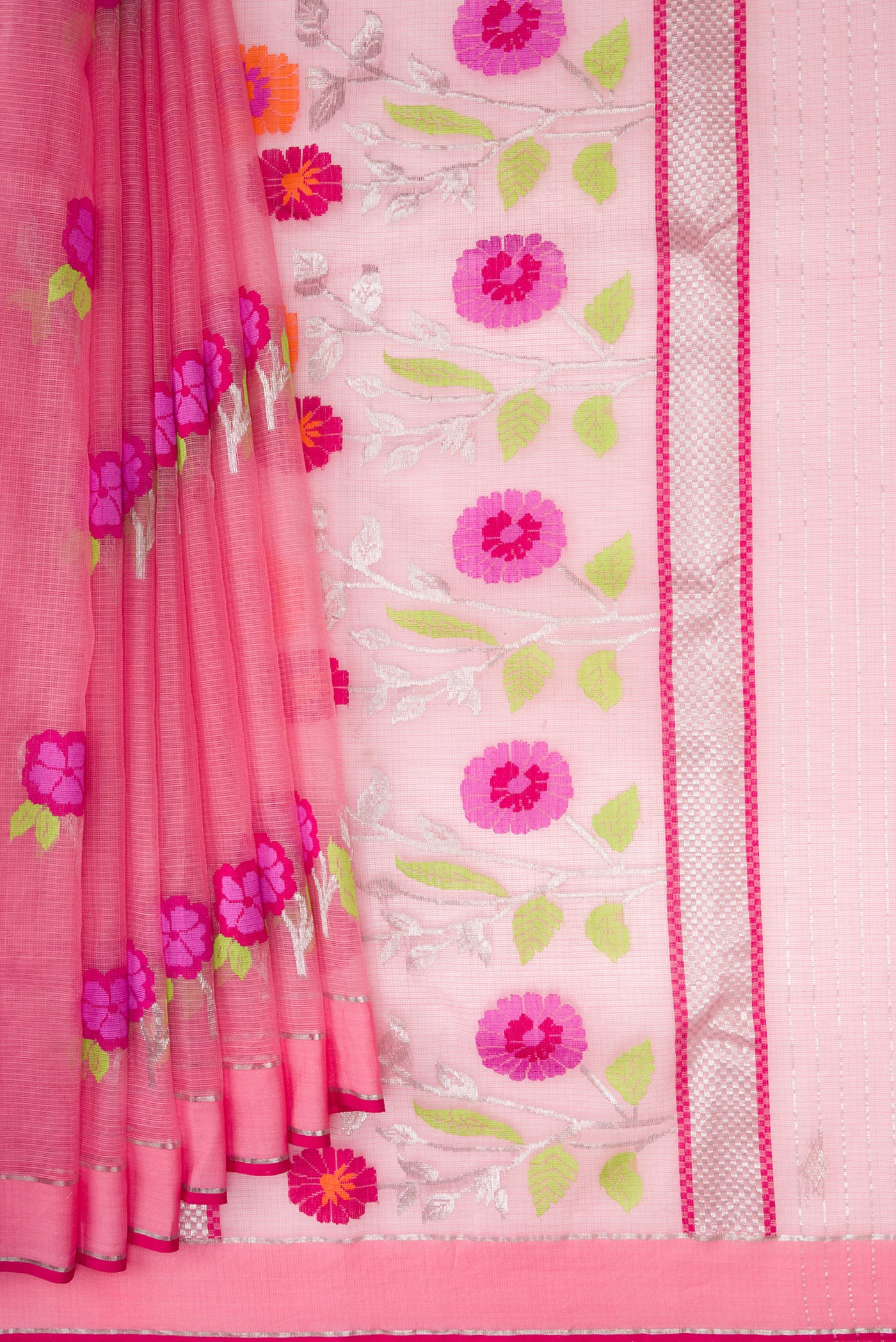 Pleats and pallu of Pink Dual Tone Kota Silk Saree with Zari And Thread Butta on the body and Zari Border. 