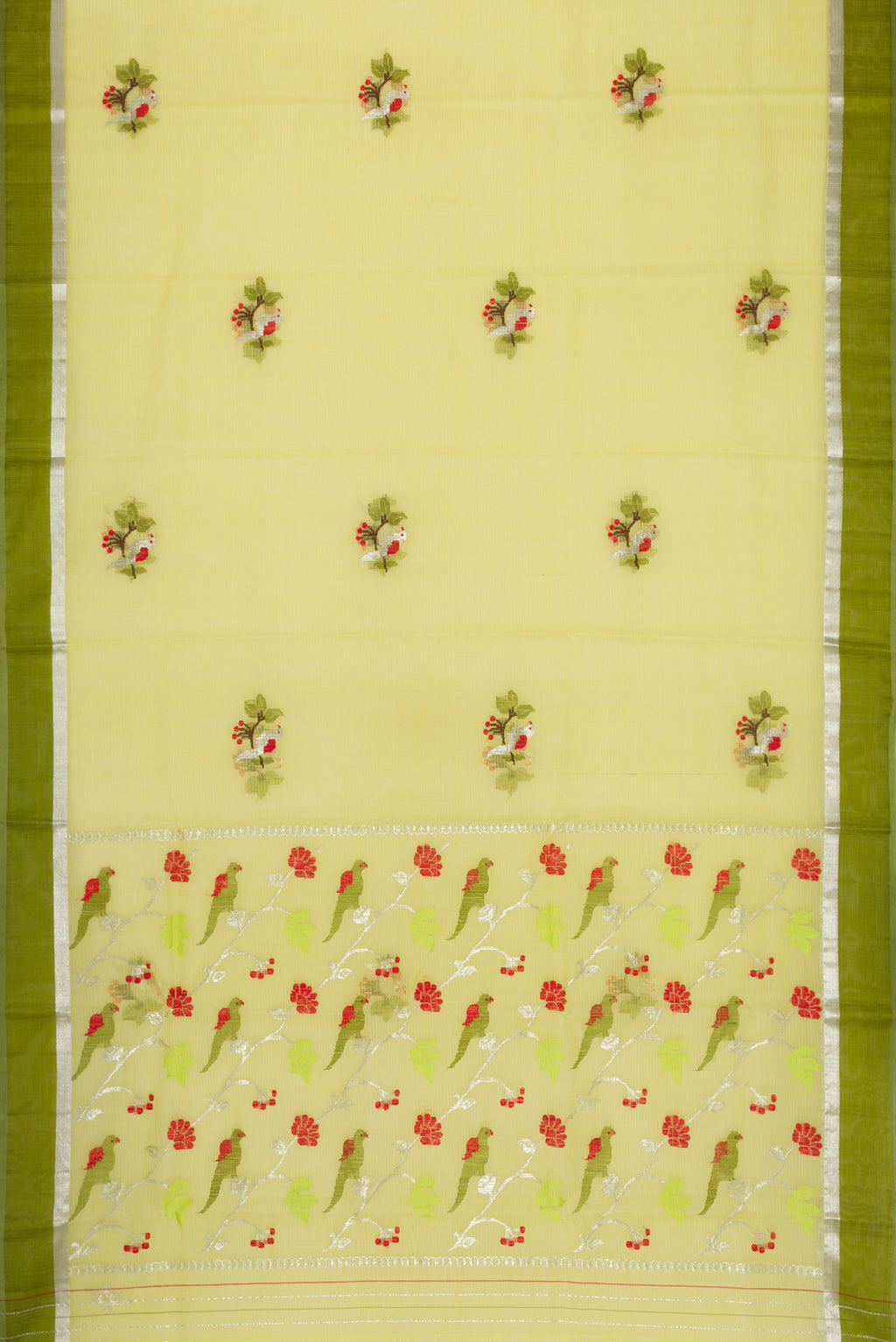 Flat view of Pista Green Dual Tone Kota Silk Saree with Zari And Thread Butta on the body and Zari Border. 
