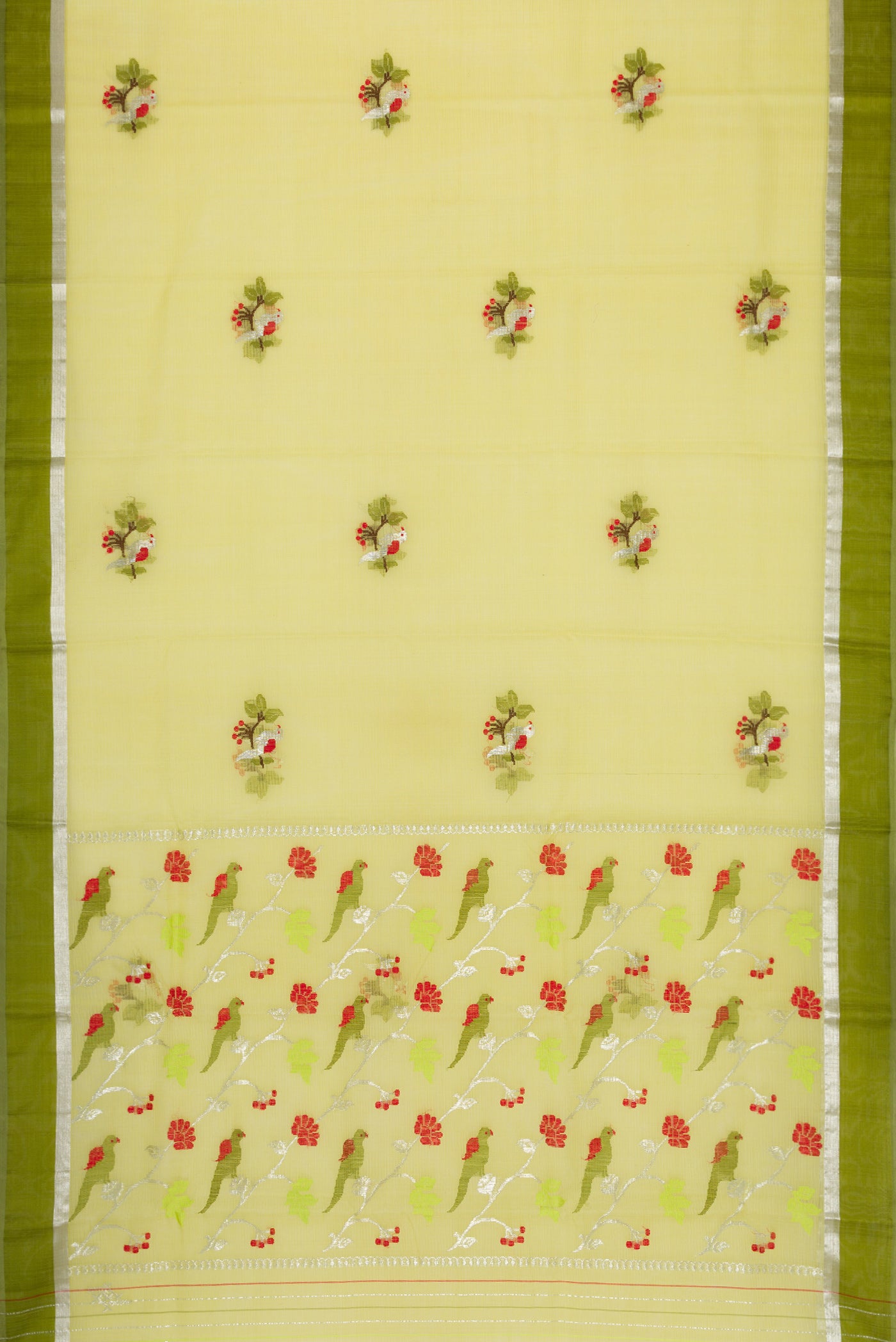 Flat view of Pista Green Dual Tone Kota Silk Saree with Zari And Thread Butta on the body and Zari Border. 