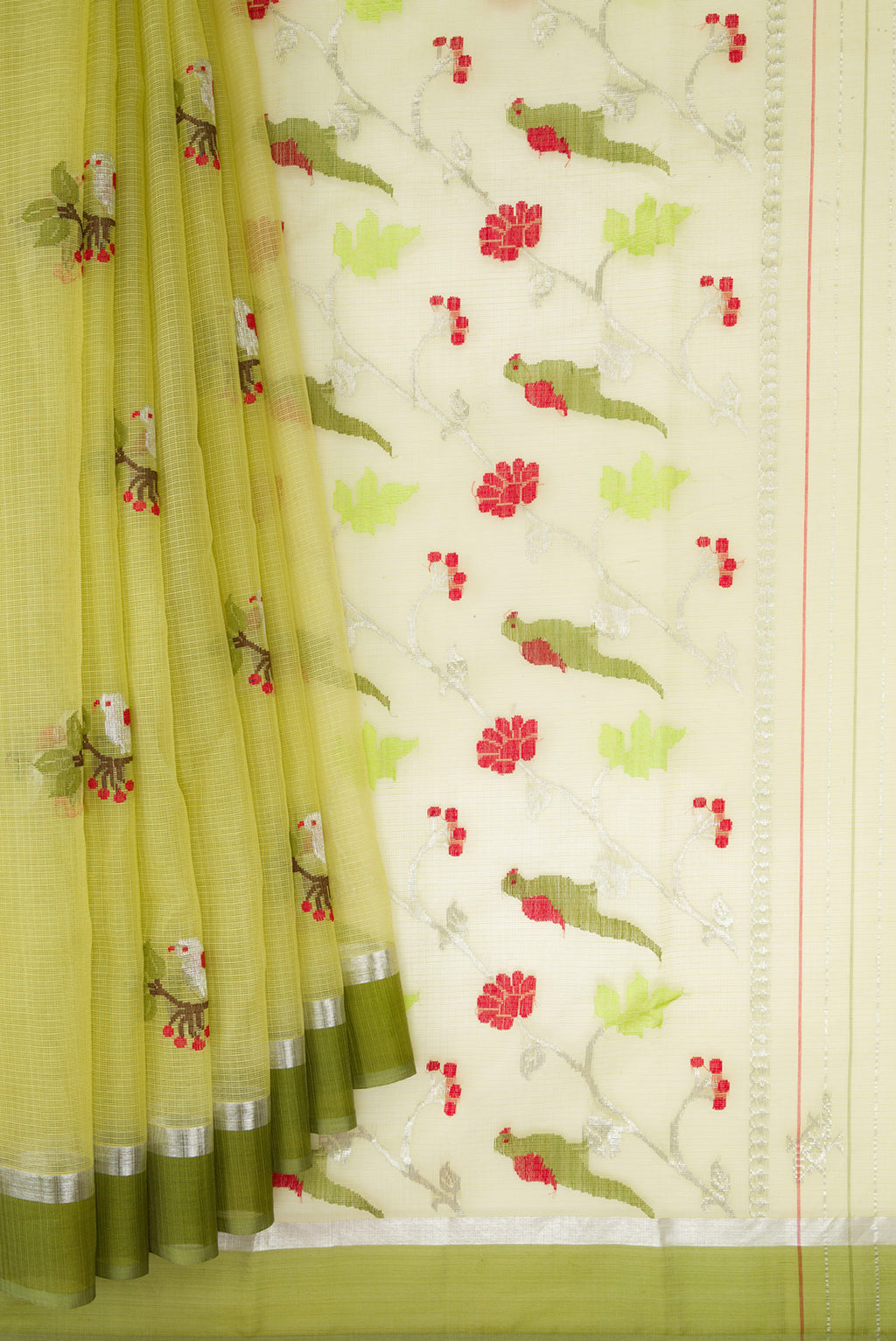 Pleats and pallu of Pista Green Dual Tone Kota Silk Saree with Zari And Thread Butta on the body and Zari Border. 