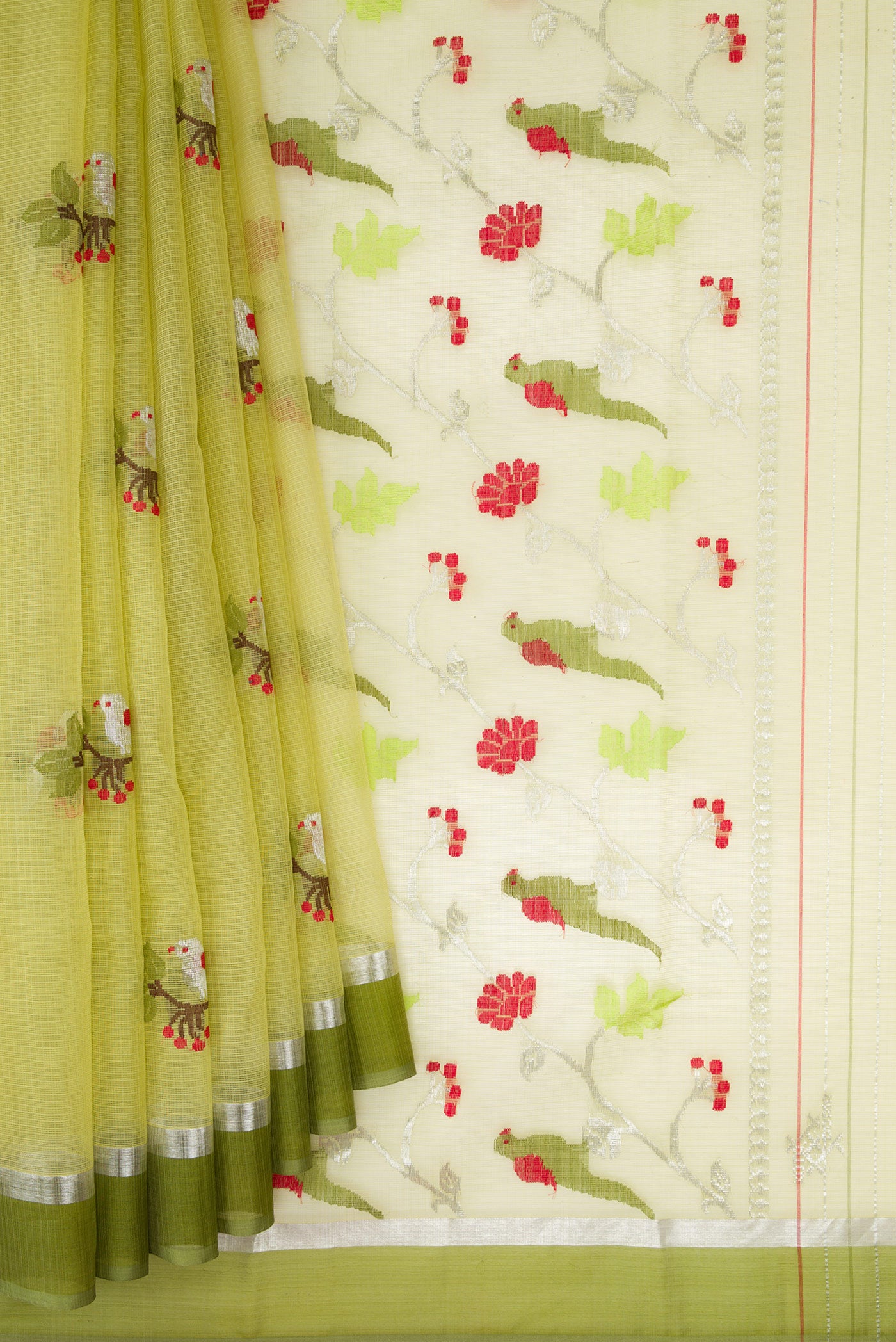 Pleats and pallu of Pista Green Dual Tone Kota Silk Saree with Zari And Thread Butta on the body and Zari Border. 