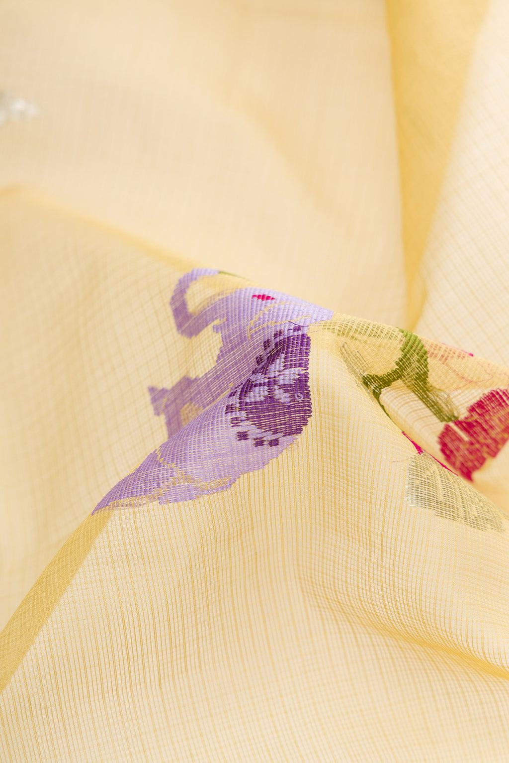 Close up of Sandal Dual Tone Kota Silk Saree with Zari And Thread Butta on the body and Zari Border.  displaying folds