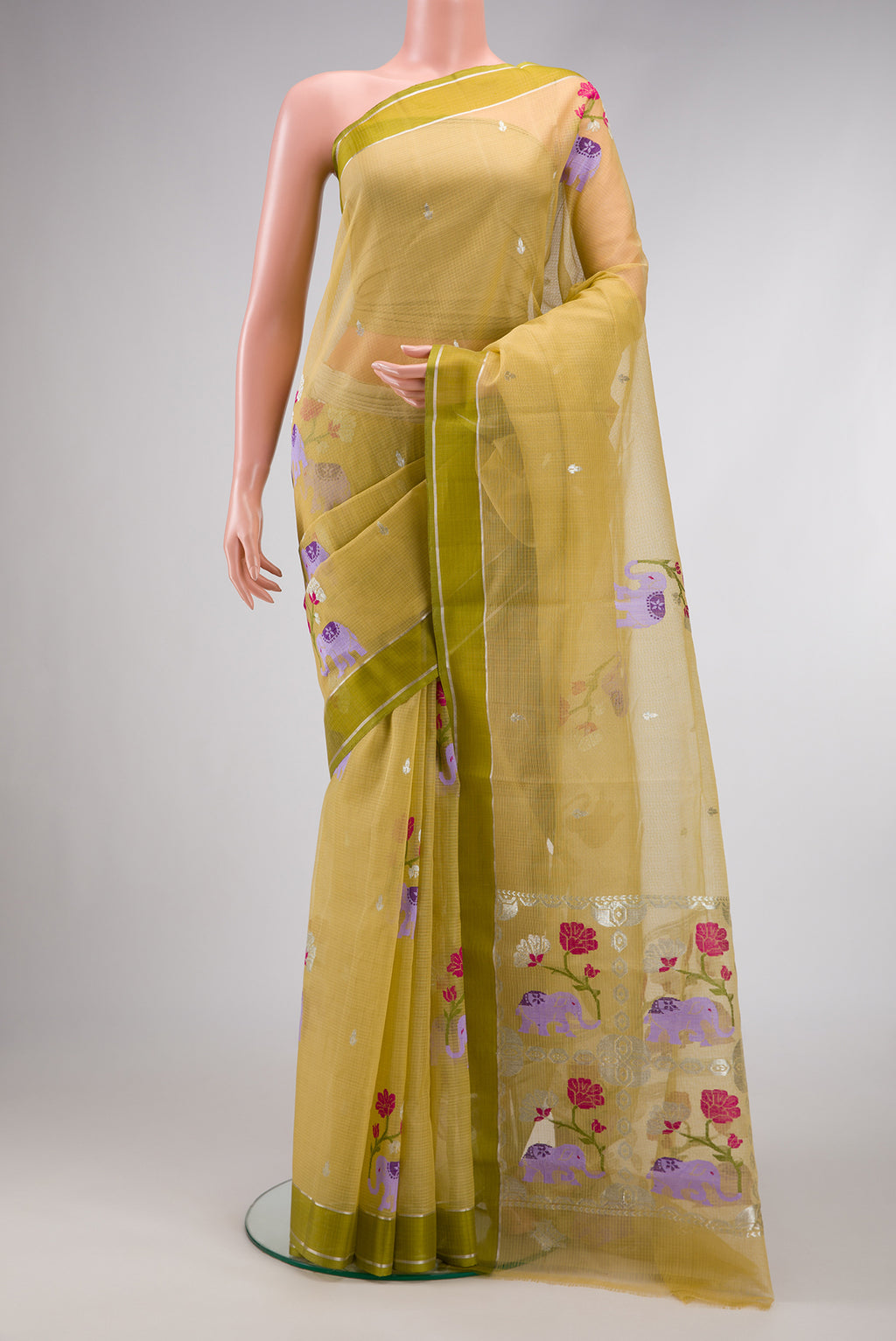 Sandal Dual Tone Kota Silk Saree with Zari And Thread Butta on the body and Zari Border.  displayed on a mannequin