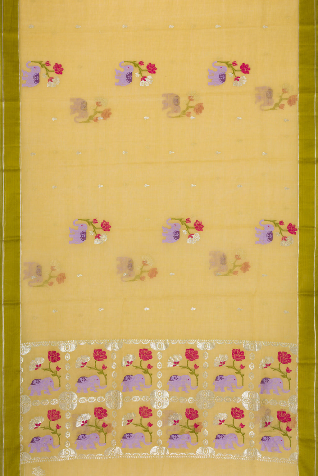 Flat view of Sandal Dual Tone Kota Silk Saree with Zari And Thread Butta on the body and Zari Border. 