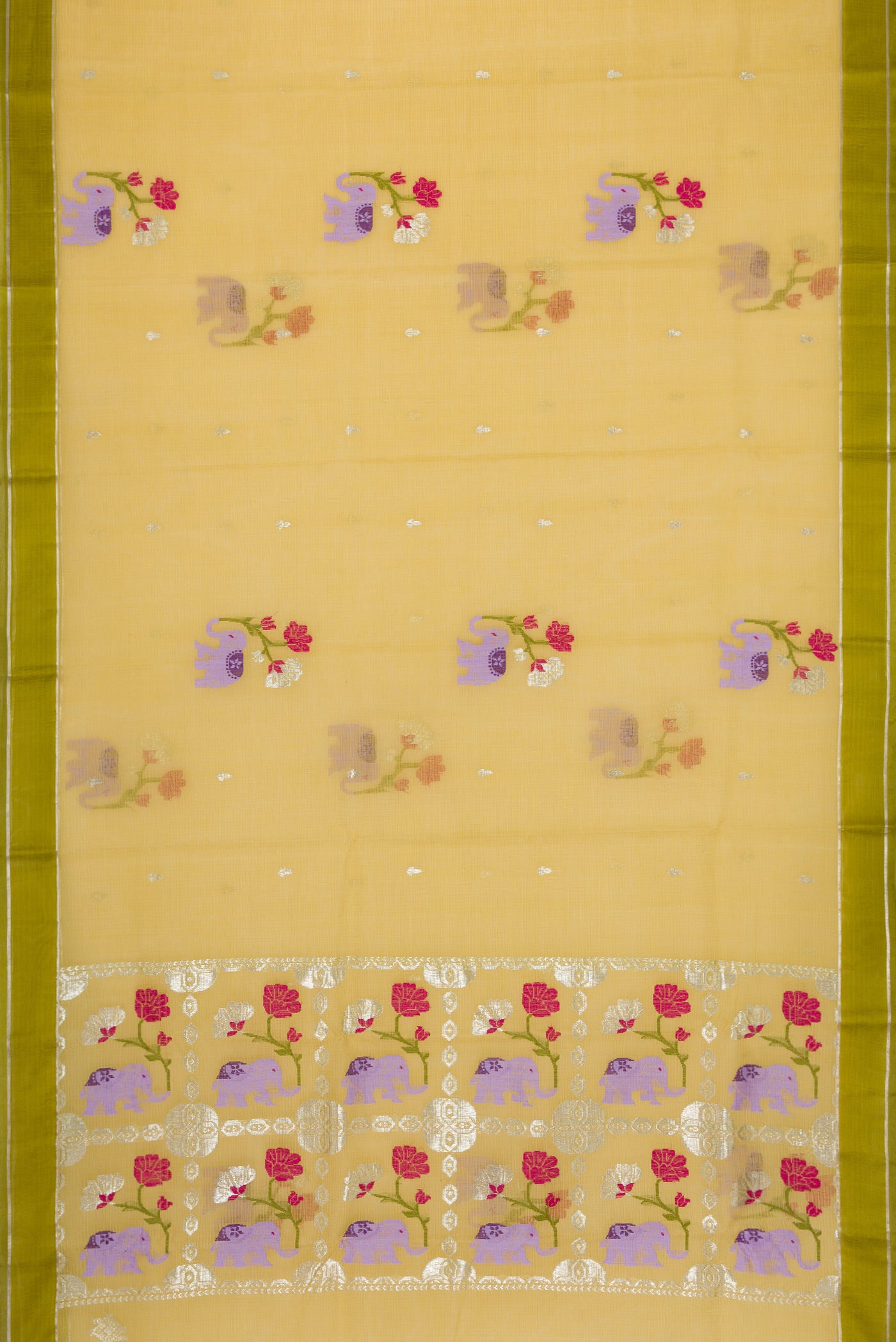 Flat view of Sandal Dual Tone Kota Silk Saree with Zari And Thread Butta on the body and Zari Border. 