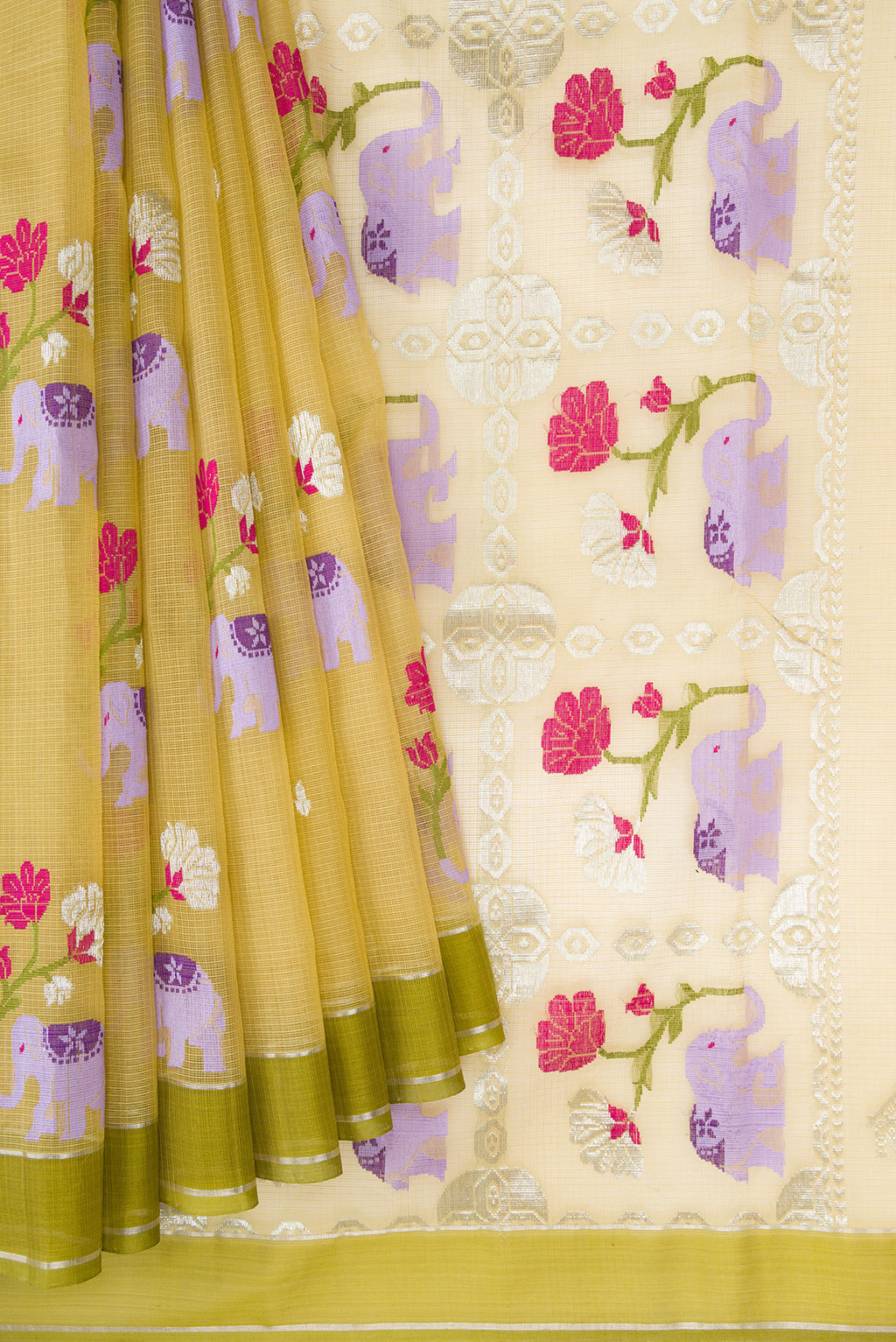 Pleats and pallu of Sandal Dual Tone Kota Silk Saree with Zari And Thread Butta on the body and Zari Border. 